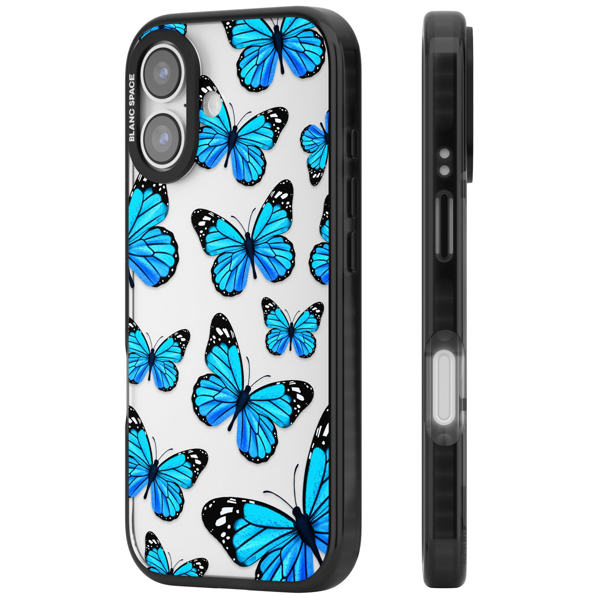Azure Butterflies iPhone 16 / iPhone 16 Plus / iPhone 17 Impact Black Phone Case side