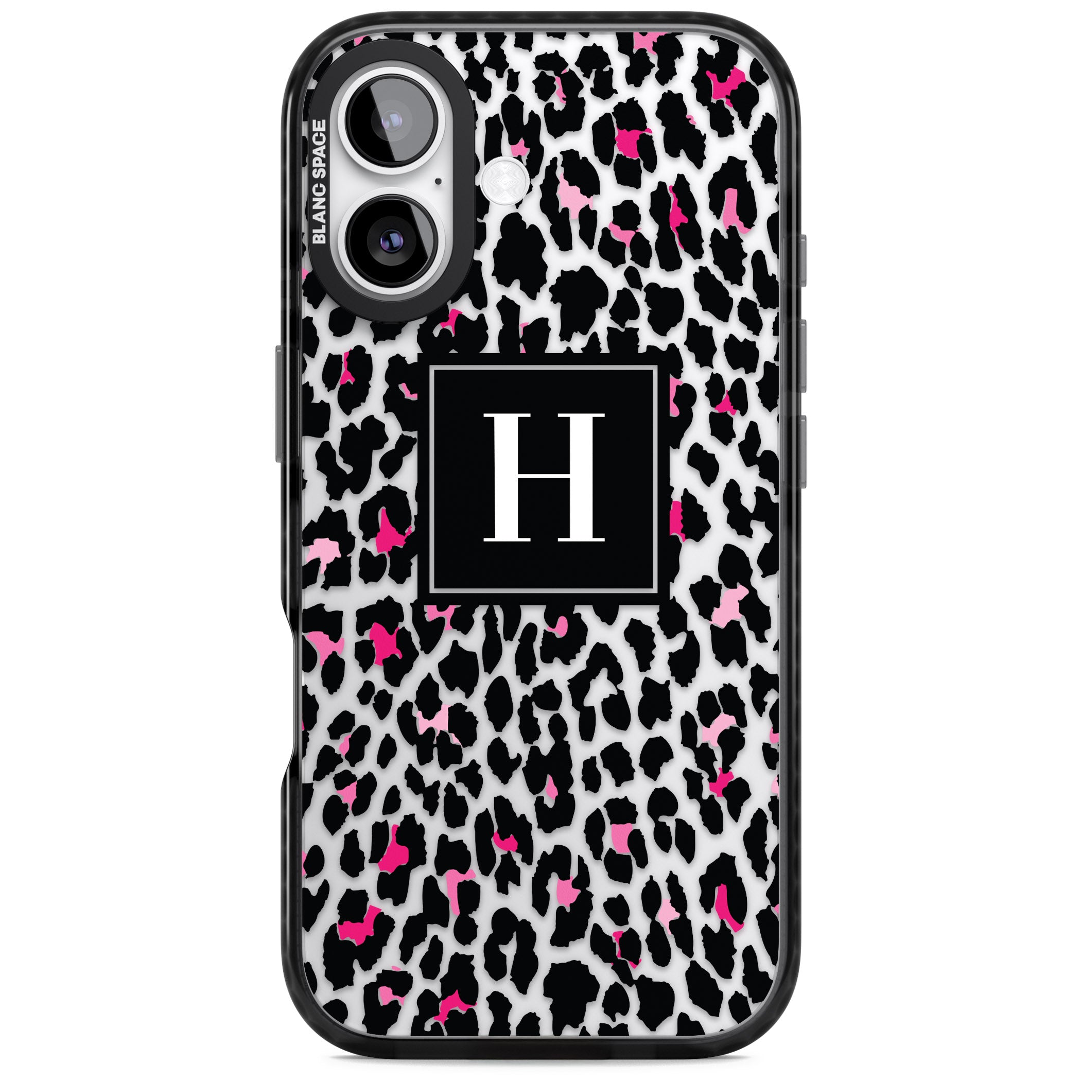 Personalised Clear Pink Leopard Monogram iPhone 17 Impact Black Phone Case