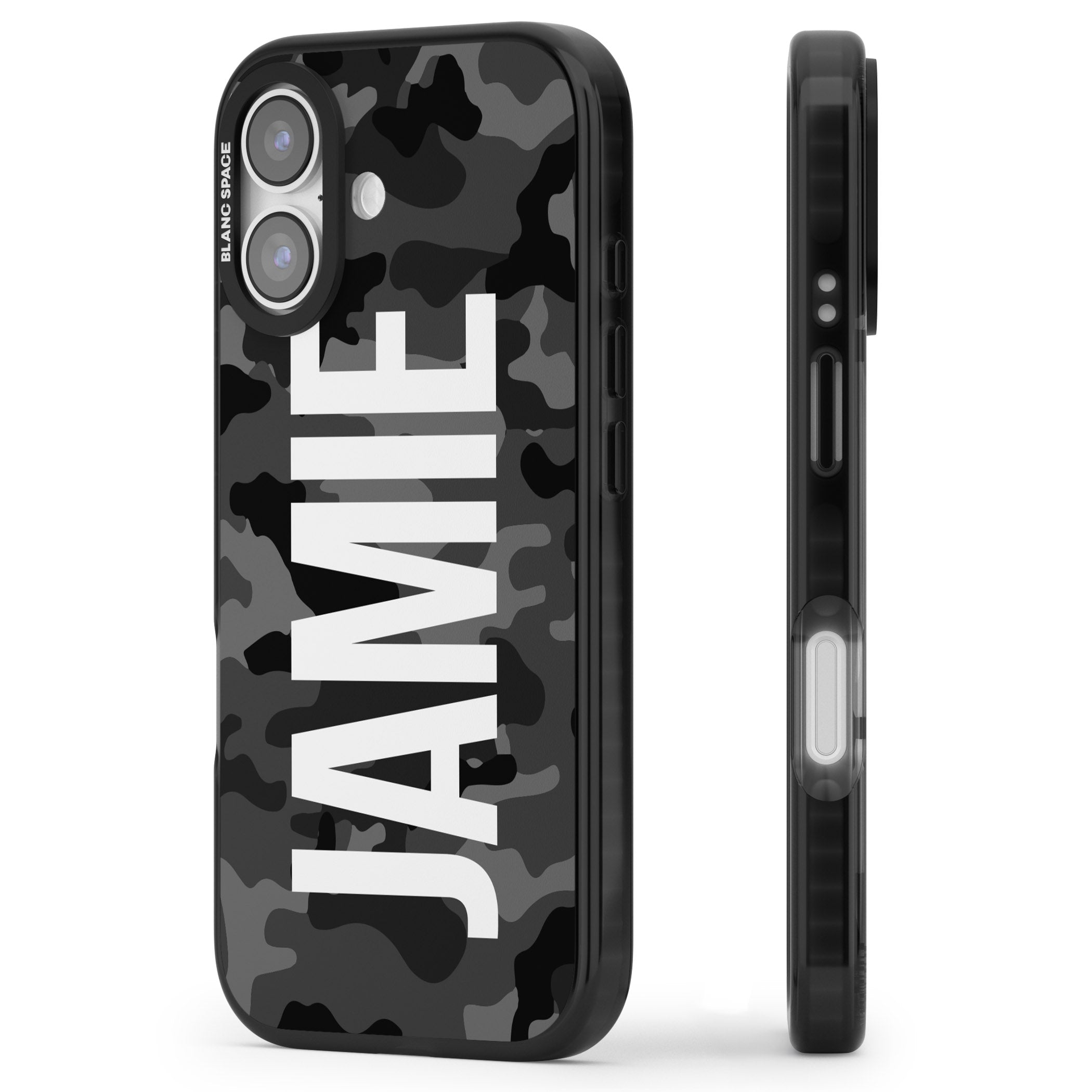 Personalised Black Camo Name Vertical iPhone 17 Impact Black Phone Case Side Profile