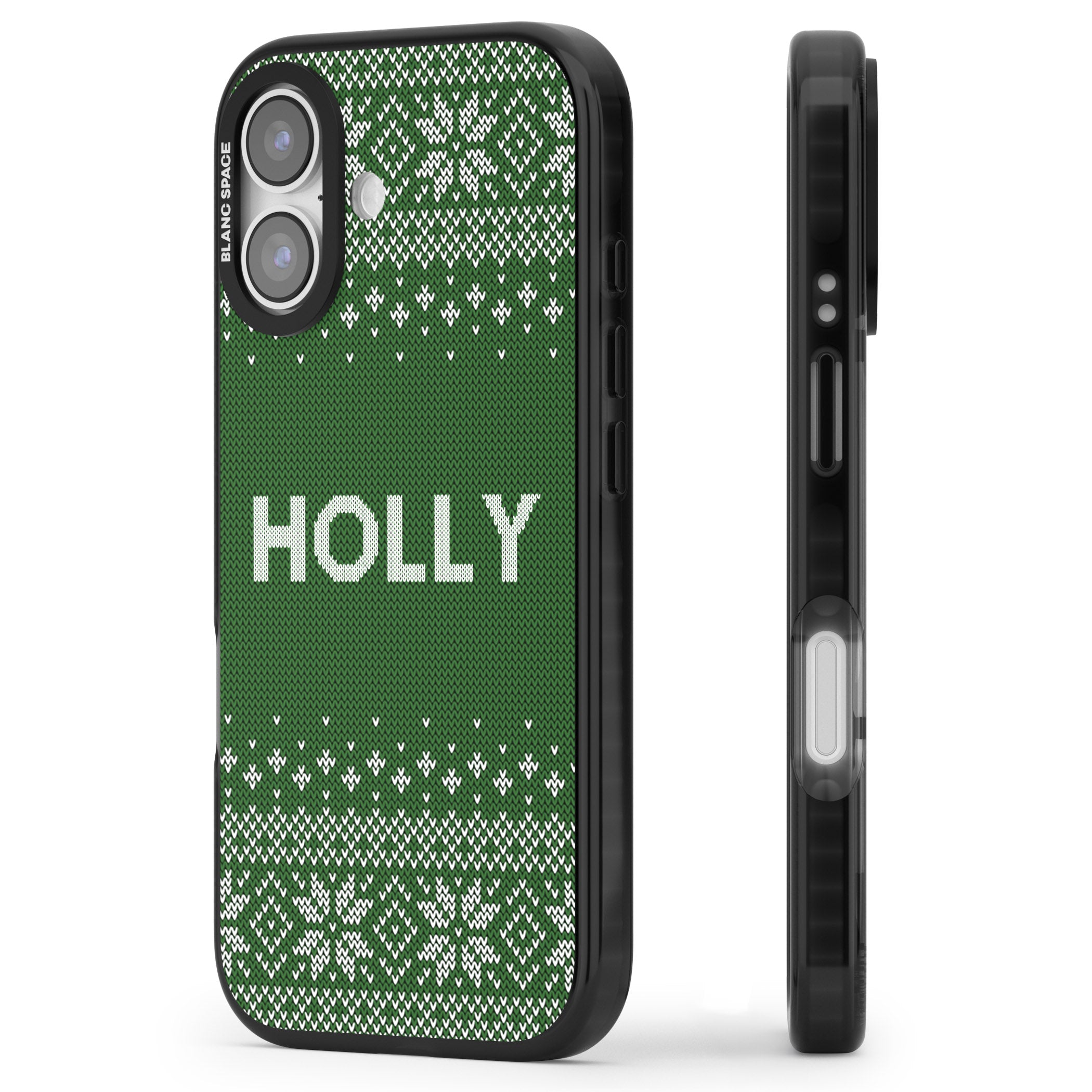 Personalised Green Christmas Knit iPhone 17 Impact Black Phone Case Side Profile