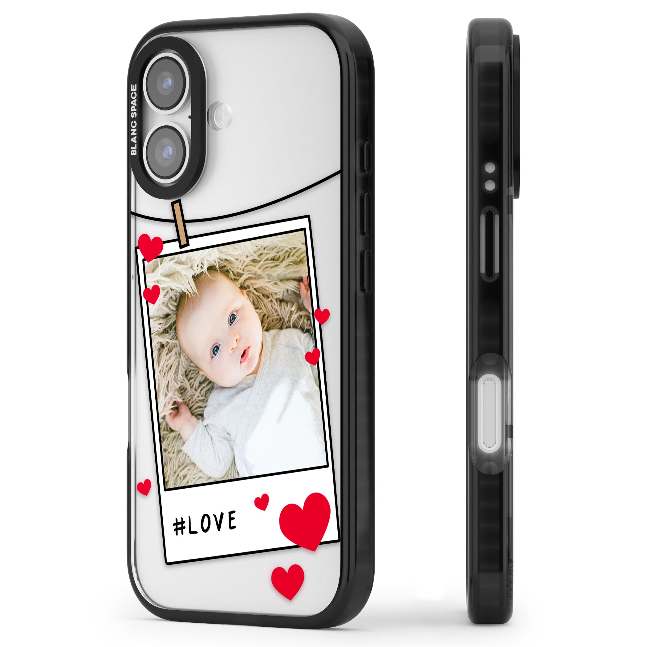 Personalised Paperclip & Hearts Instant Camera Photo iPhone 17 Impact Black Phone Case Side Profile
