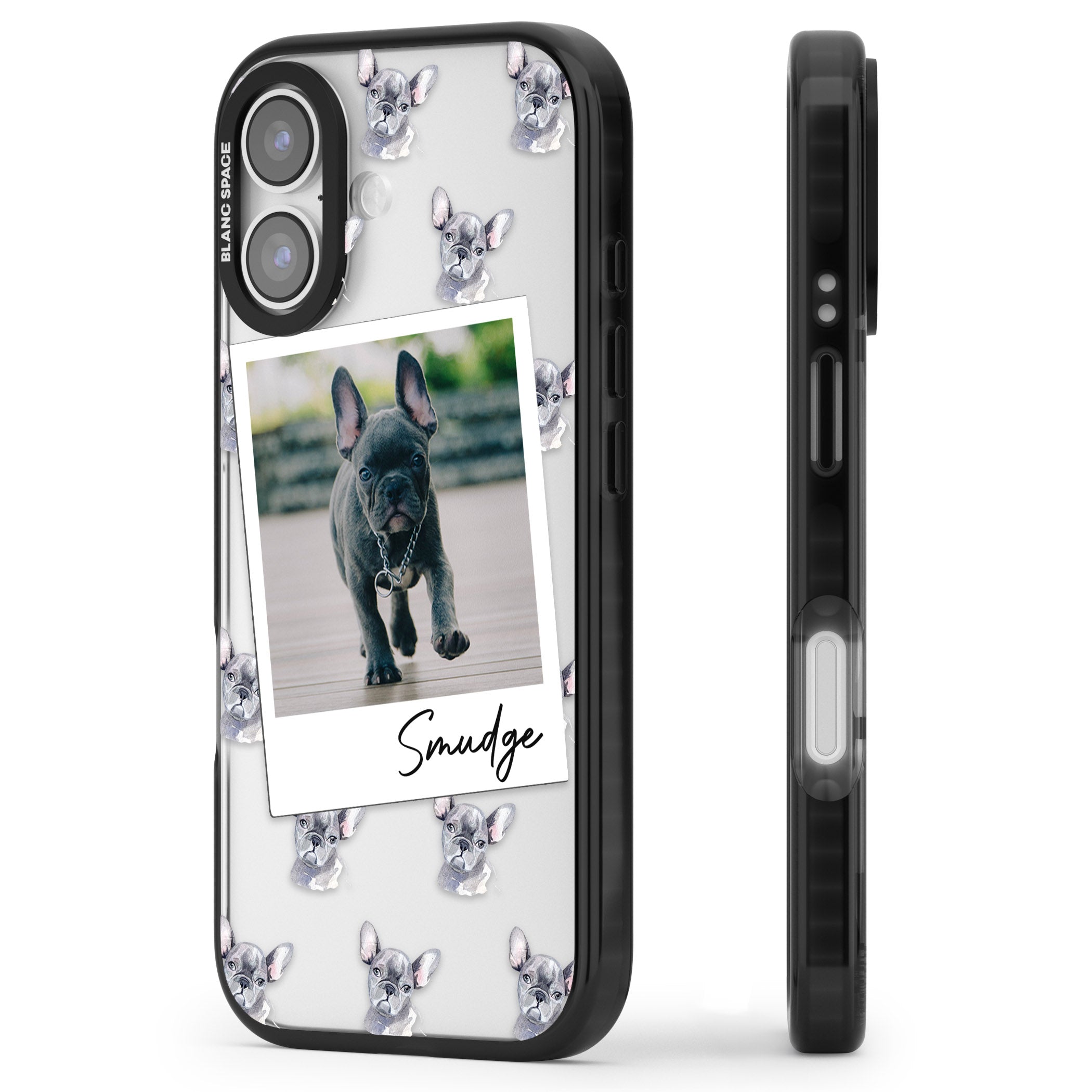 Personalised Grey French Bulldog Instant Camera Photo iPhone 17 Impact Black Phone Case Side Profile