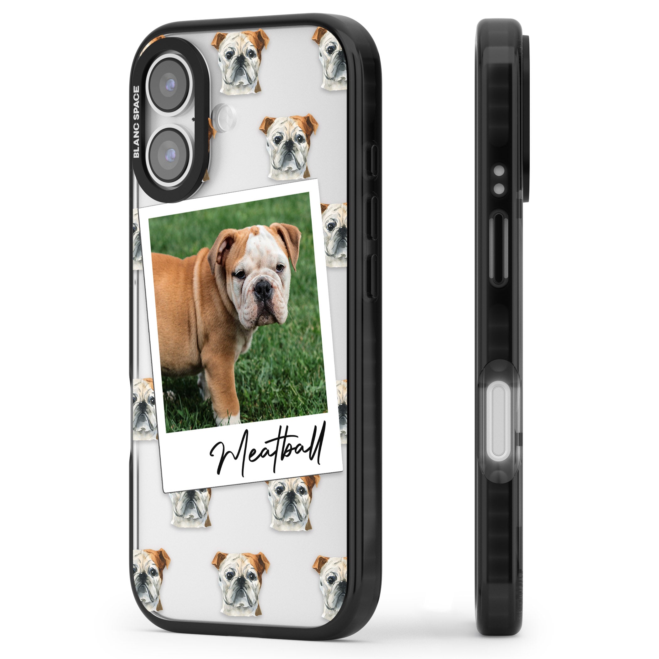 Personalised English Bulldog Instant Camera Photo iPhone 17 Impact Black Phone Case Side Profile