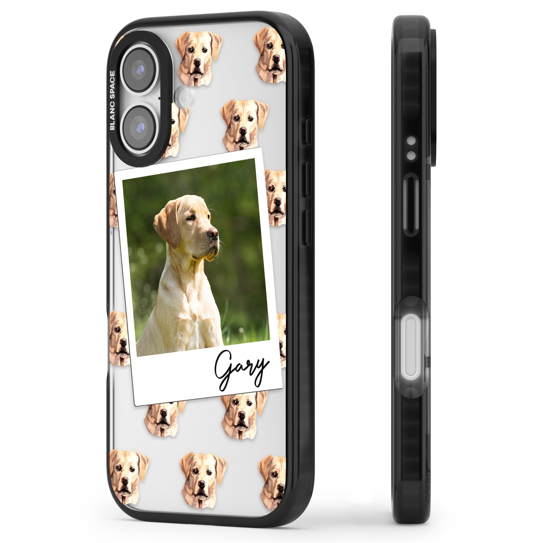 Personalised Tan Black Labrador Instant Camera Photo iPhone 17 Impact Black Phone Case Side Profile