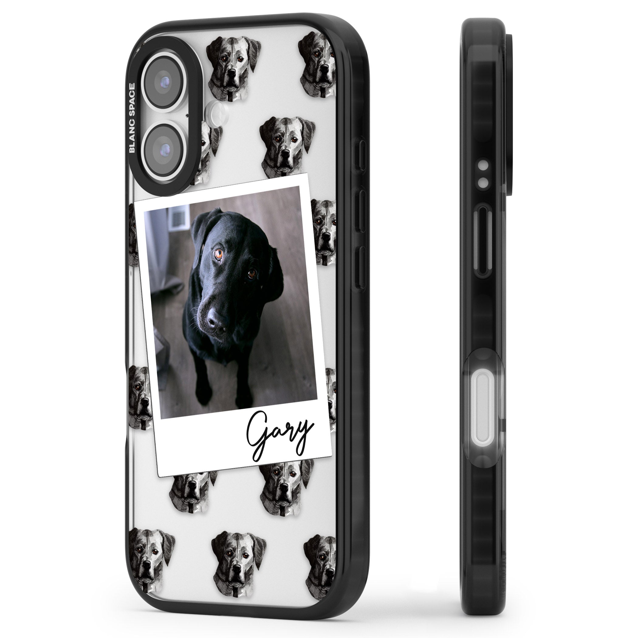 Personalised Black Labrador Instant Camera Photo iPhone 17 Impact Black Phone Case Side Profile