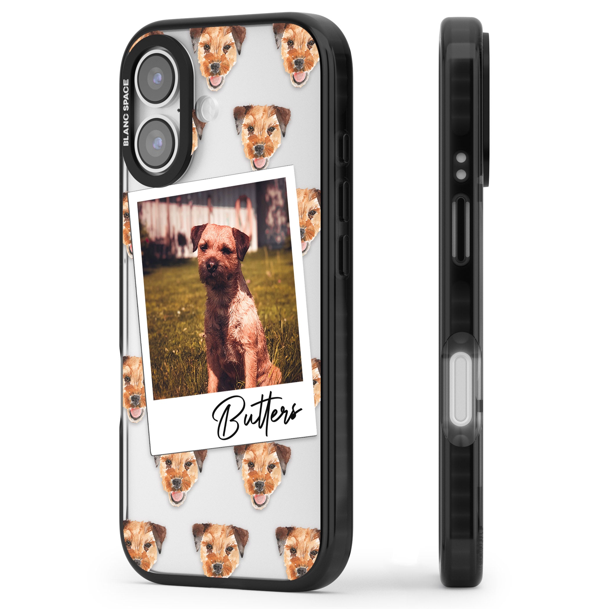 Personalised Border Terrier Instant Camera Photo iPhone 17 Impact Black Phone Case Side Profile