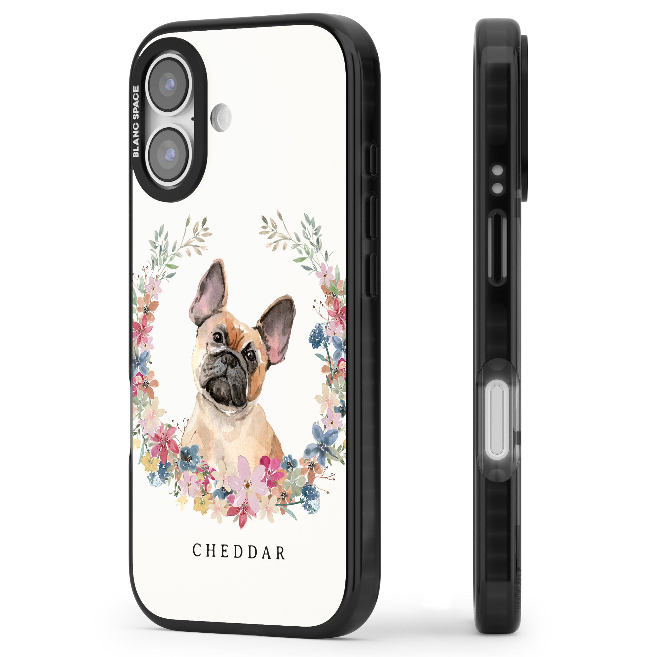 Personalised Tan French Bulldog Floral Portrait iPhone 17 Impact Black Phone Case Side Profile