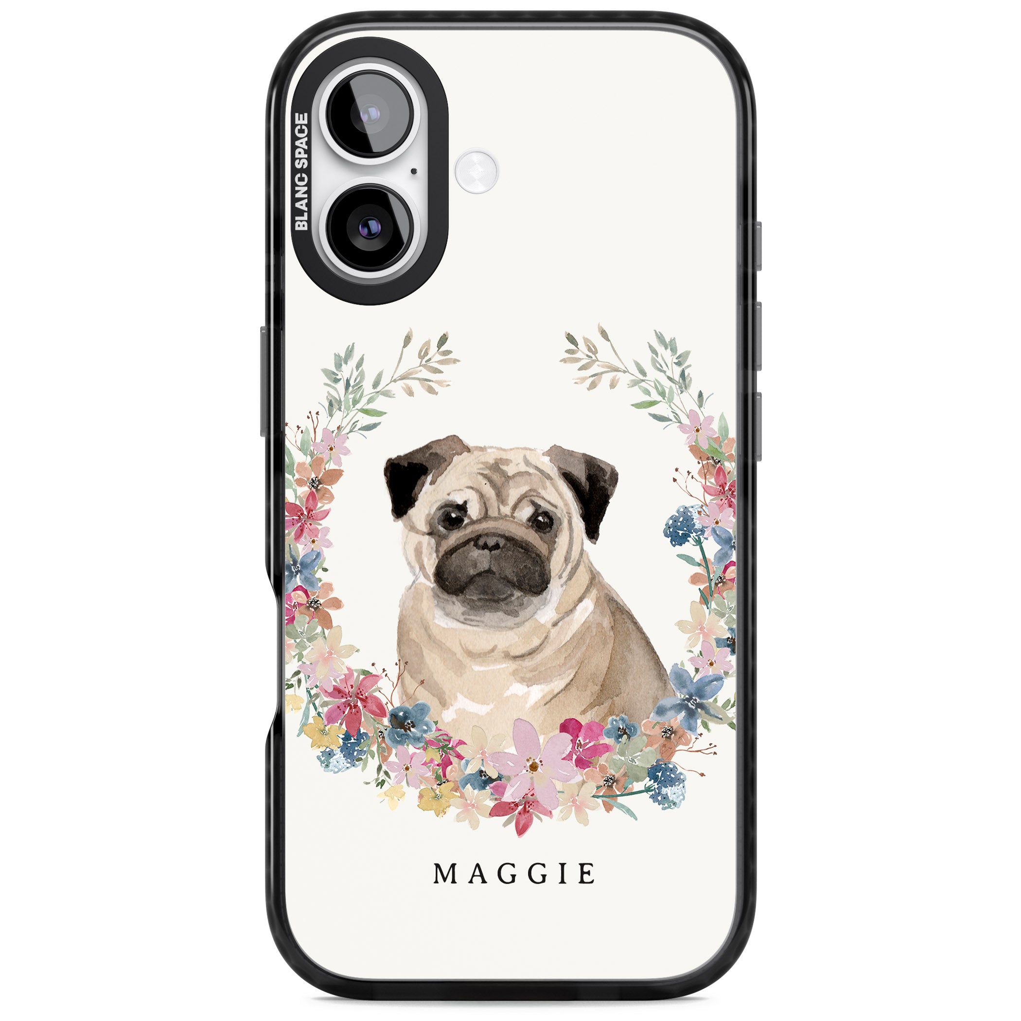 Personalised Pug Floral Portrait iPhone 17 Impact Black Phone Case