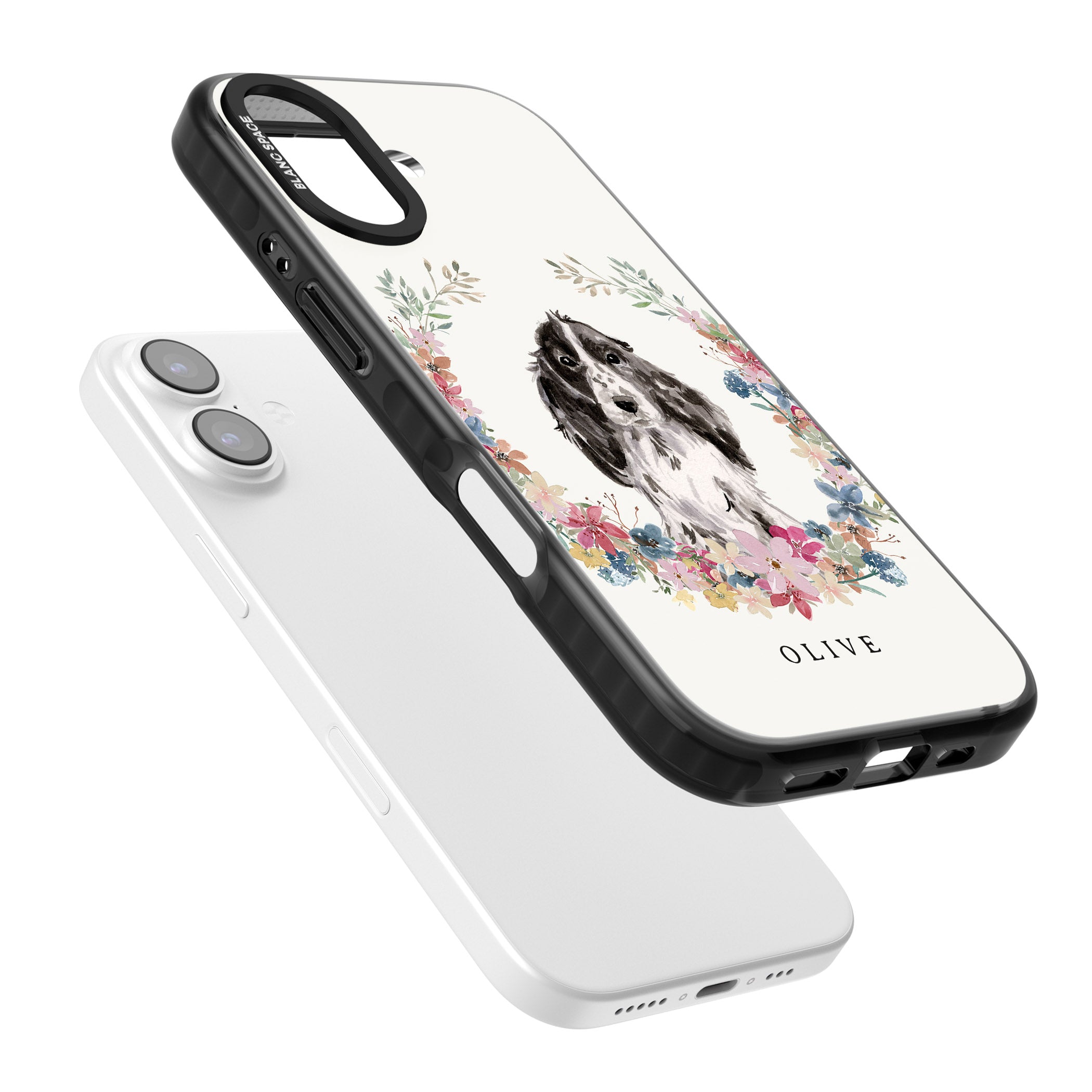 Personalised Black Cocker Spaniel Floral Portrait iPhone 17 Impact Black Phone Case Colours