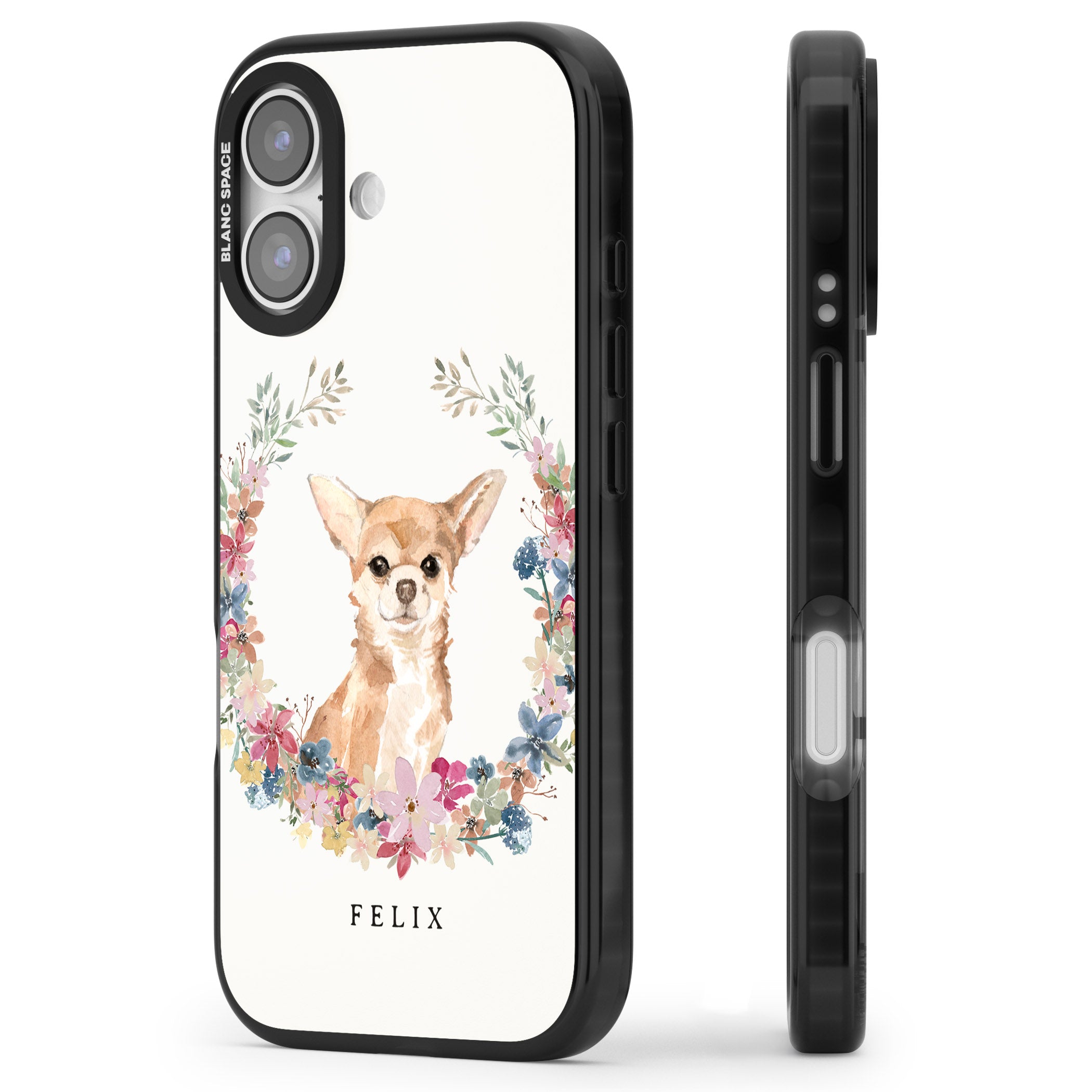Personalised Chihuahua Floral Portrait iPhone 17 Impact Black Phone Case Side Profile