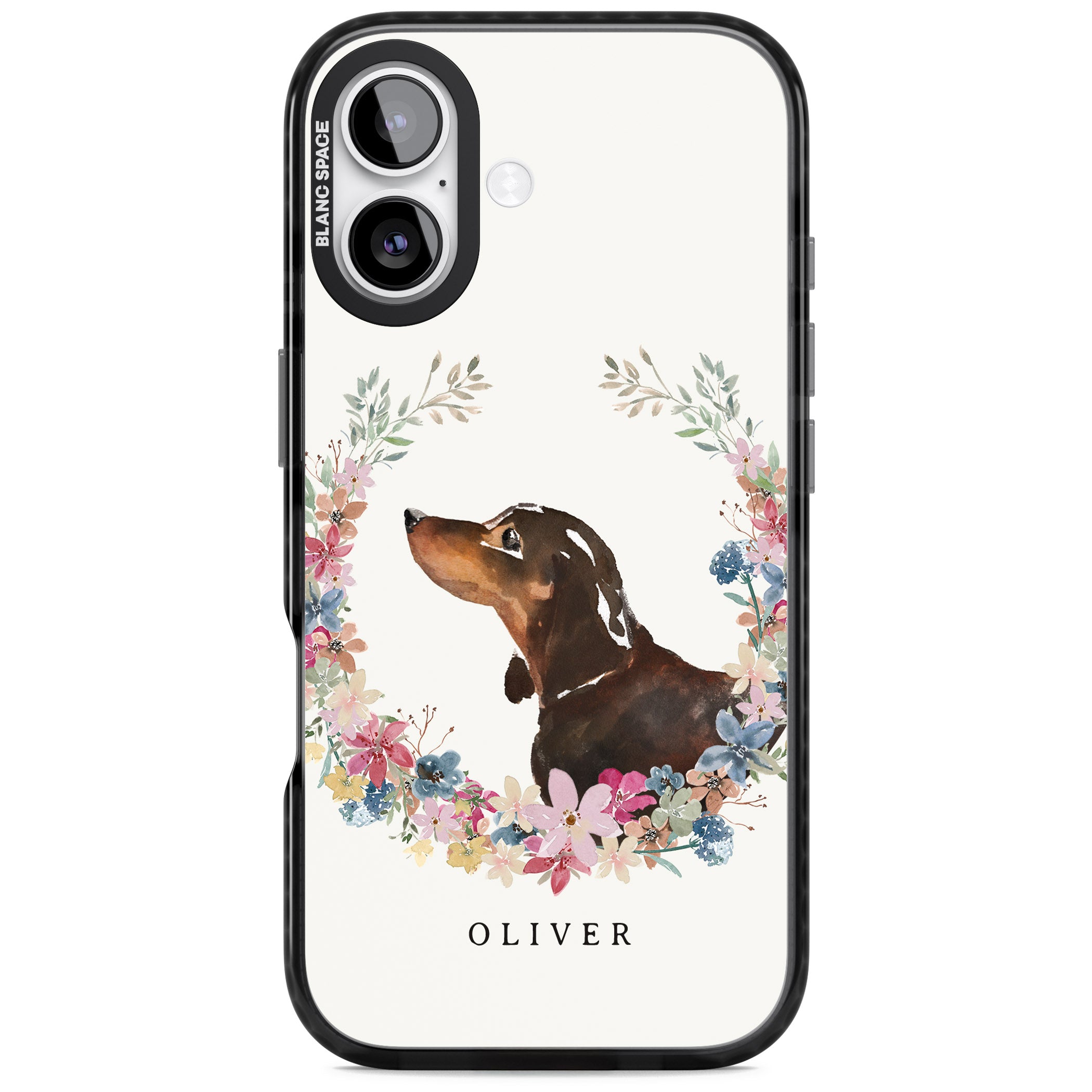 Personalised Black & Tan Dachshund Floral Portrait iPhone 17 Impact Black Phone Case