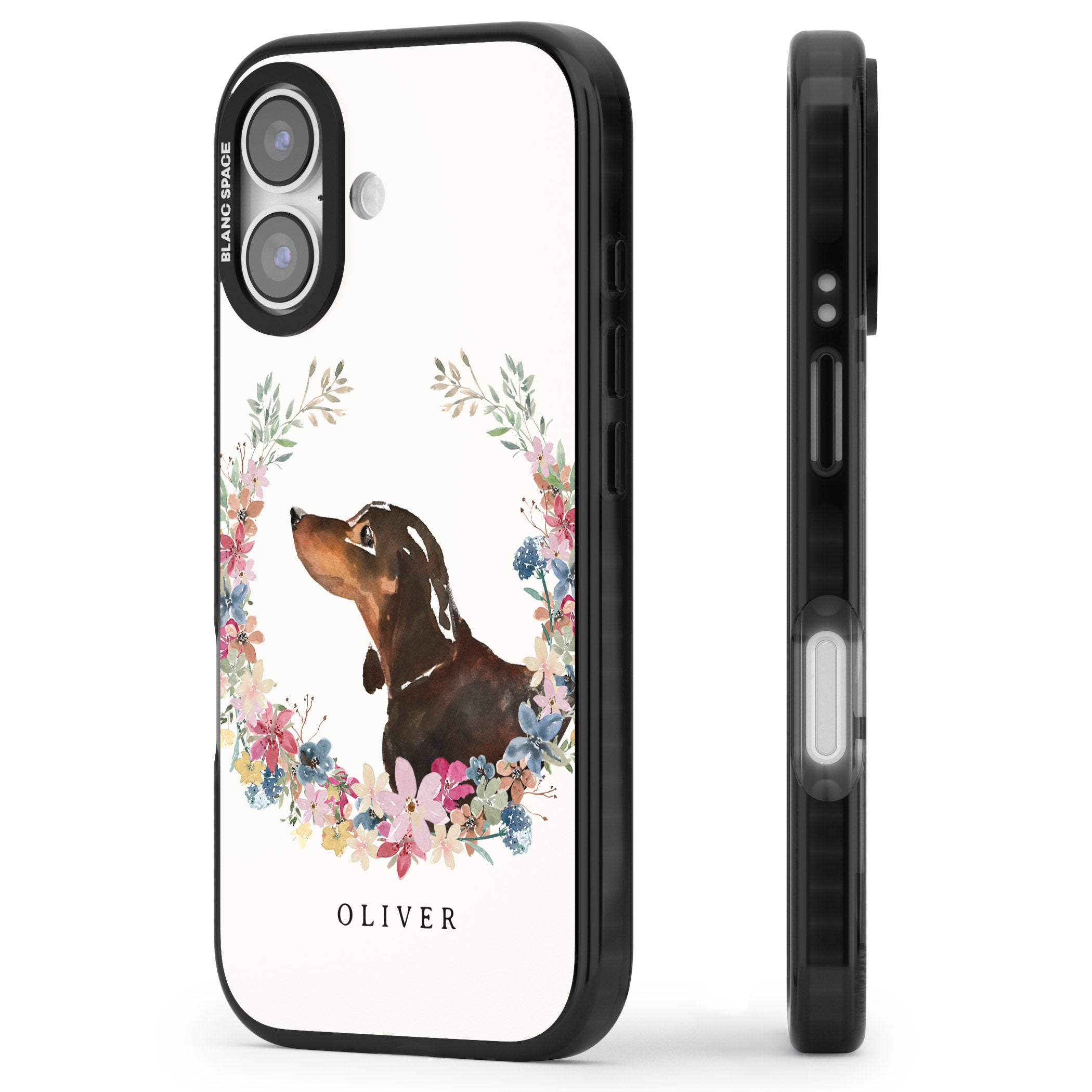 Personalised Black & Tan Dachshund Floral Portrait iPhone 17 Impact Black Phone Case Side Profile