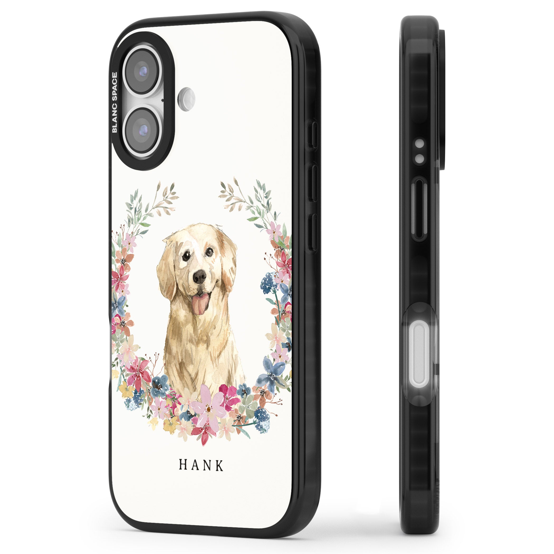Personalised Golden Retriever Floral Portrait iPhone 17 Impact Black Phone Case Side Profile
