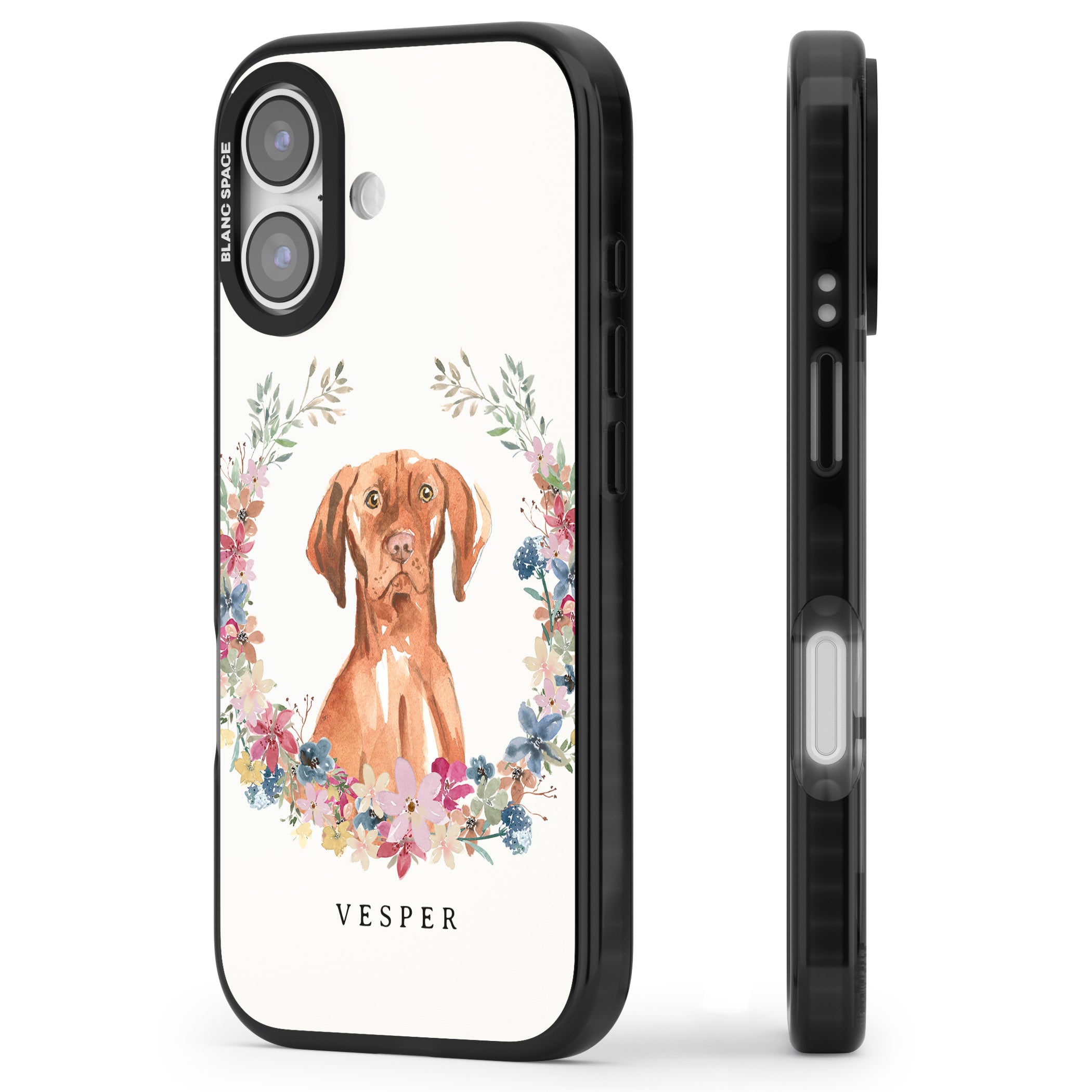 Personalised Hungarian Vizsla Floral Portrait iPhone 17 Impact Black Phone Case Side Profile