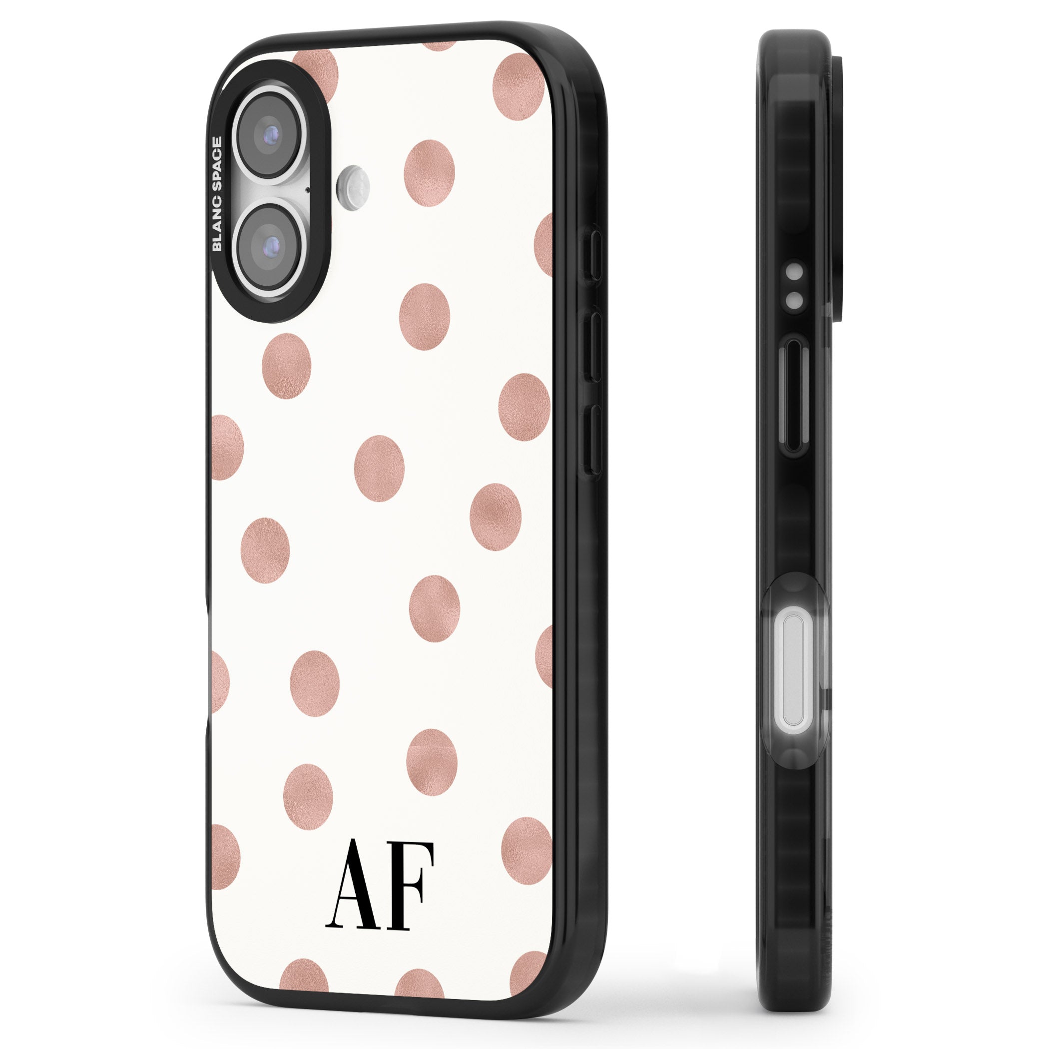 Personalised Rose Gold Dots & Initials iPhone 17 Impact Black Phone Case Side Profile