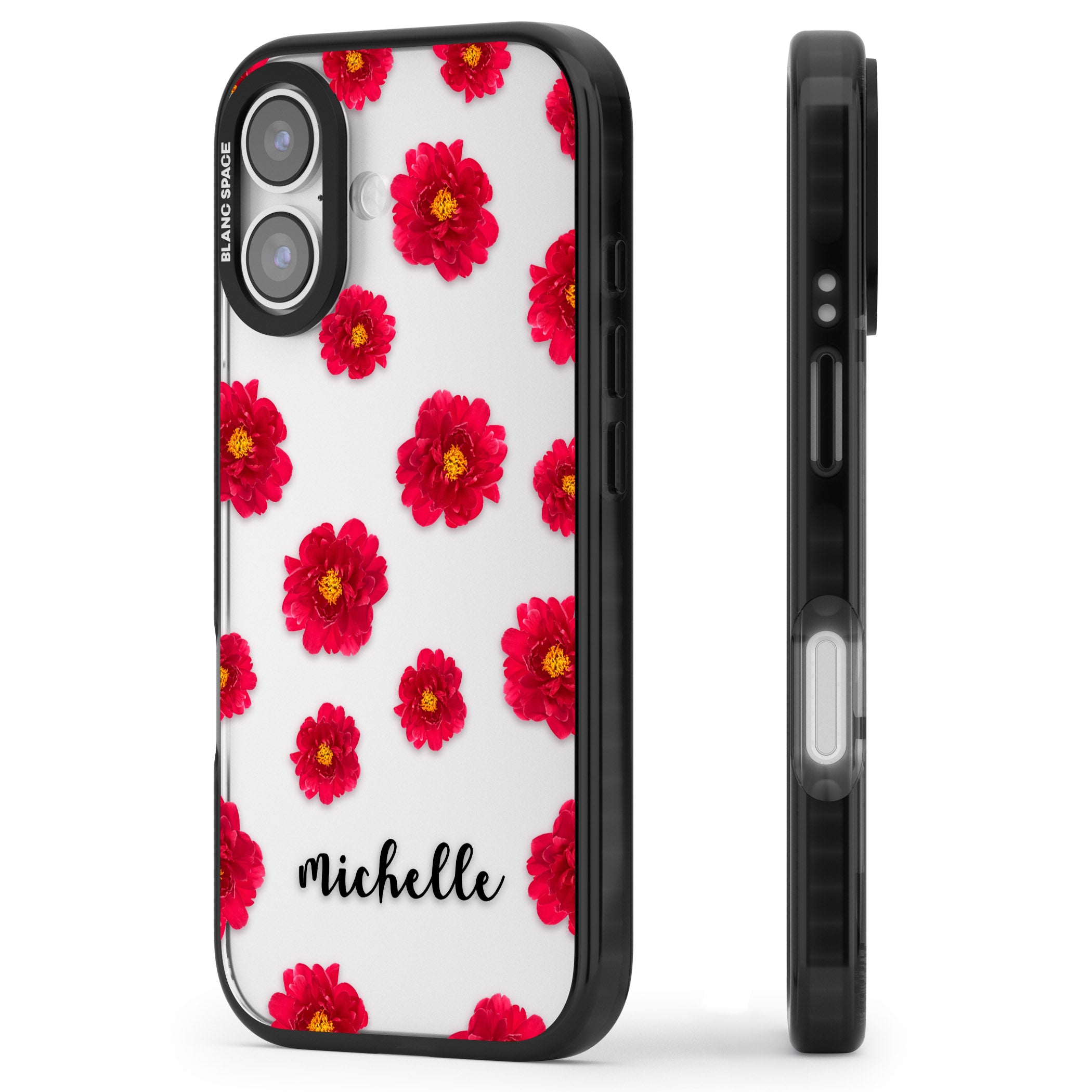 Personalised Red Peonies & Cursive iPhone 17 Impact Black Phone Case Side Profile