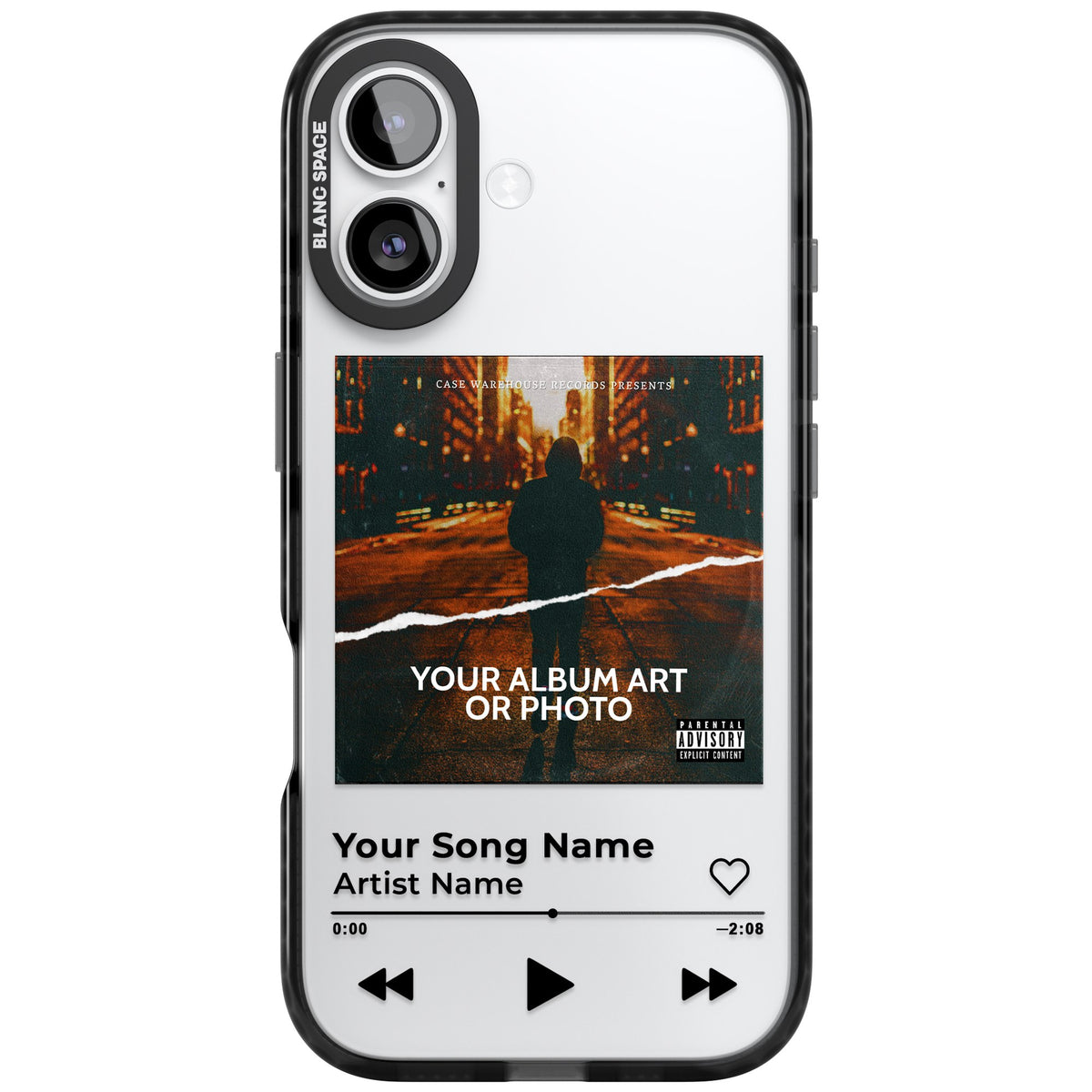 Personalised Music Player iPhone 16 / iPhone 16 Plus / iPhone 17 Impact Black Phone Case front
