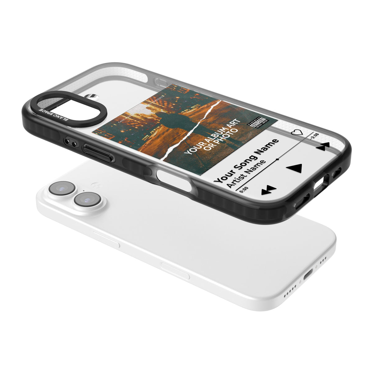 Personalised Music Player iPhone 16 / iPhone 16 Plus / iPhone 17 Impact Black Phone Case angled
