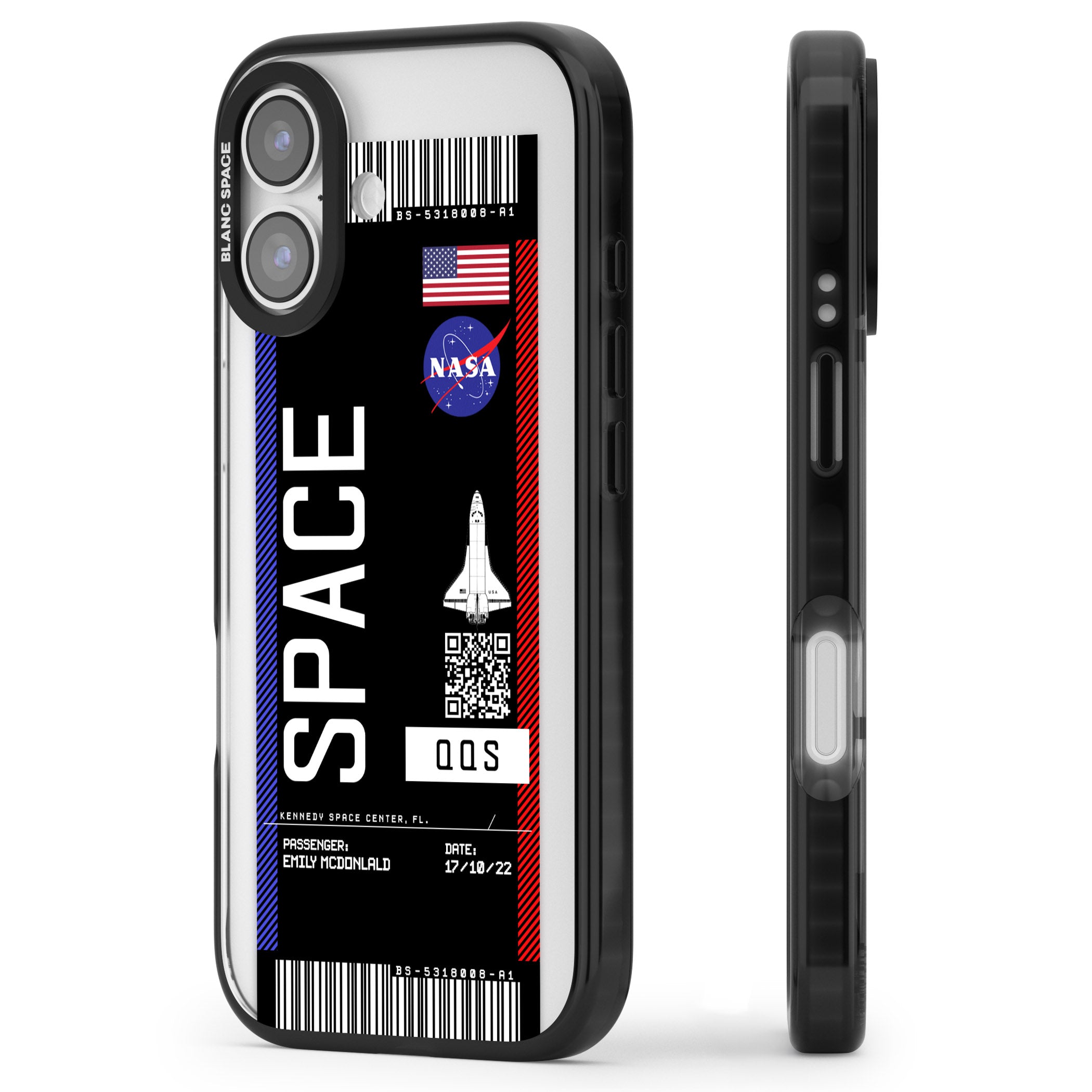 Personalised Nasa Boarding Pass (Dark) iPhone 17 Impact Black Phone Case Side Profile