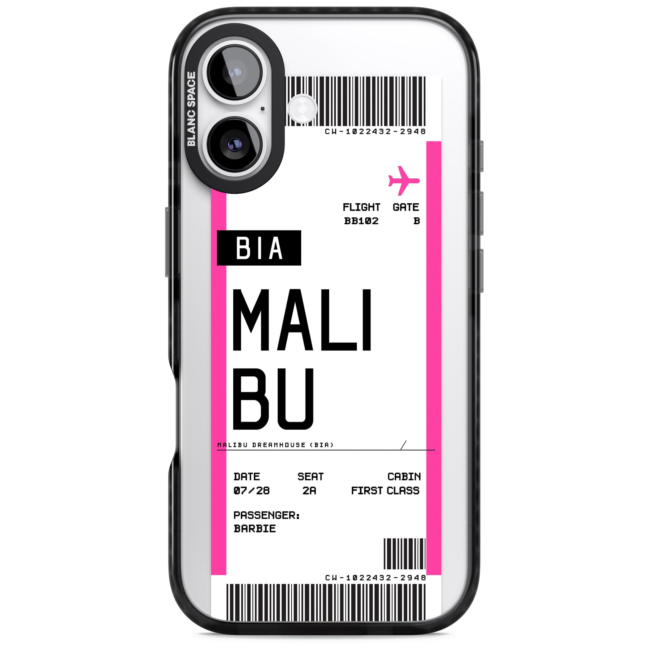Personalised Pink Malibu Boarding Pass iPhone 17 Impact Black Phone Case