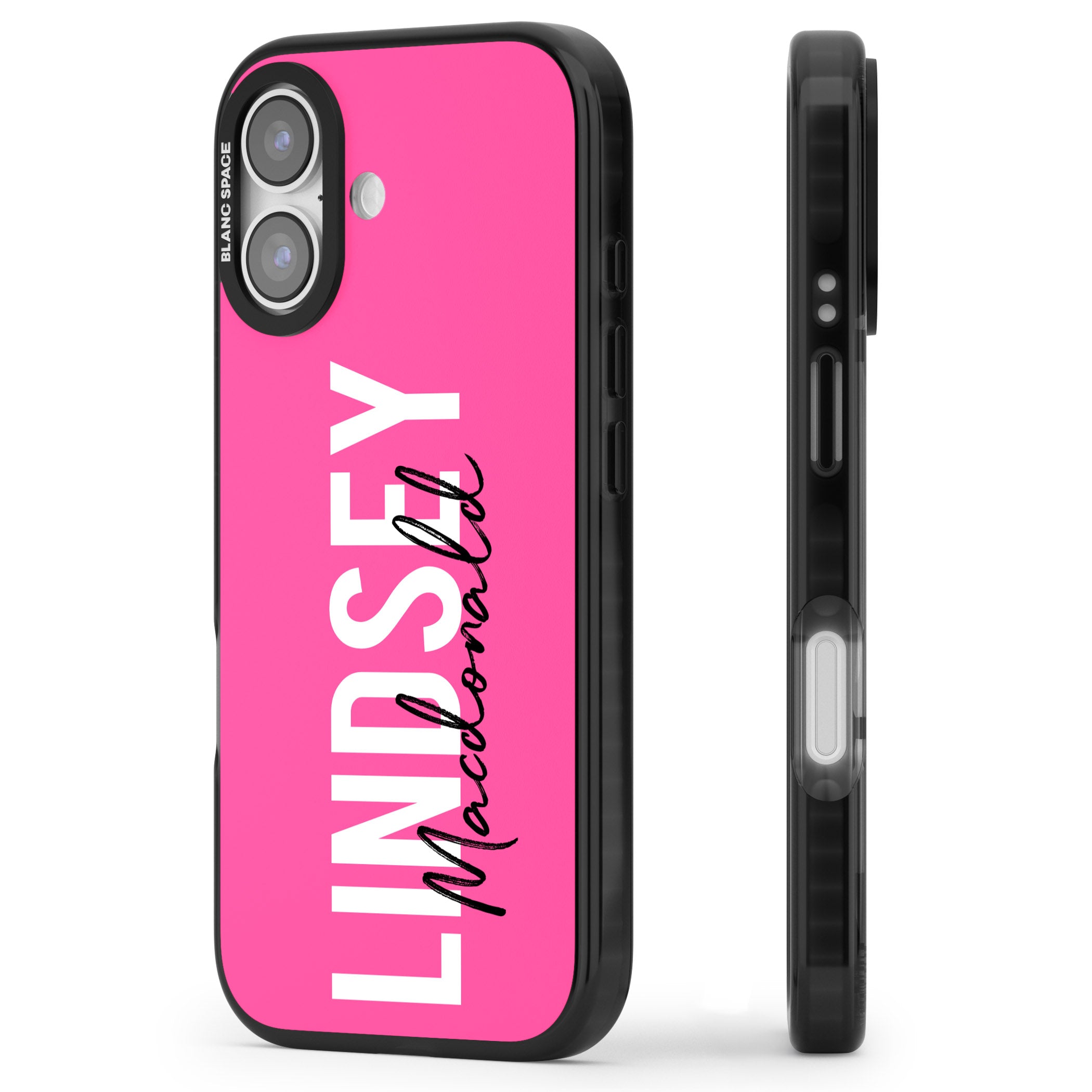 Personalised Bold Name: Pink iPhone 17 Impact Black Phone Case Side Profile