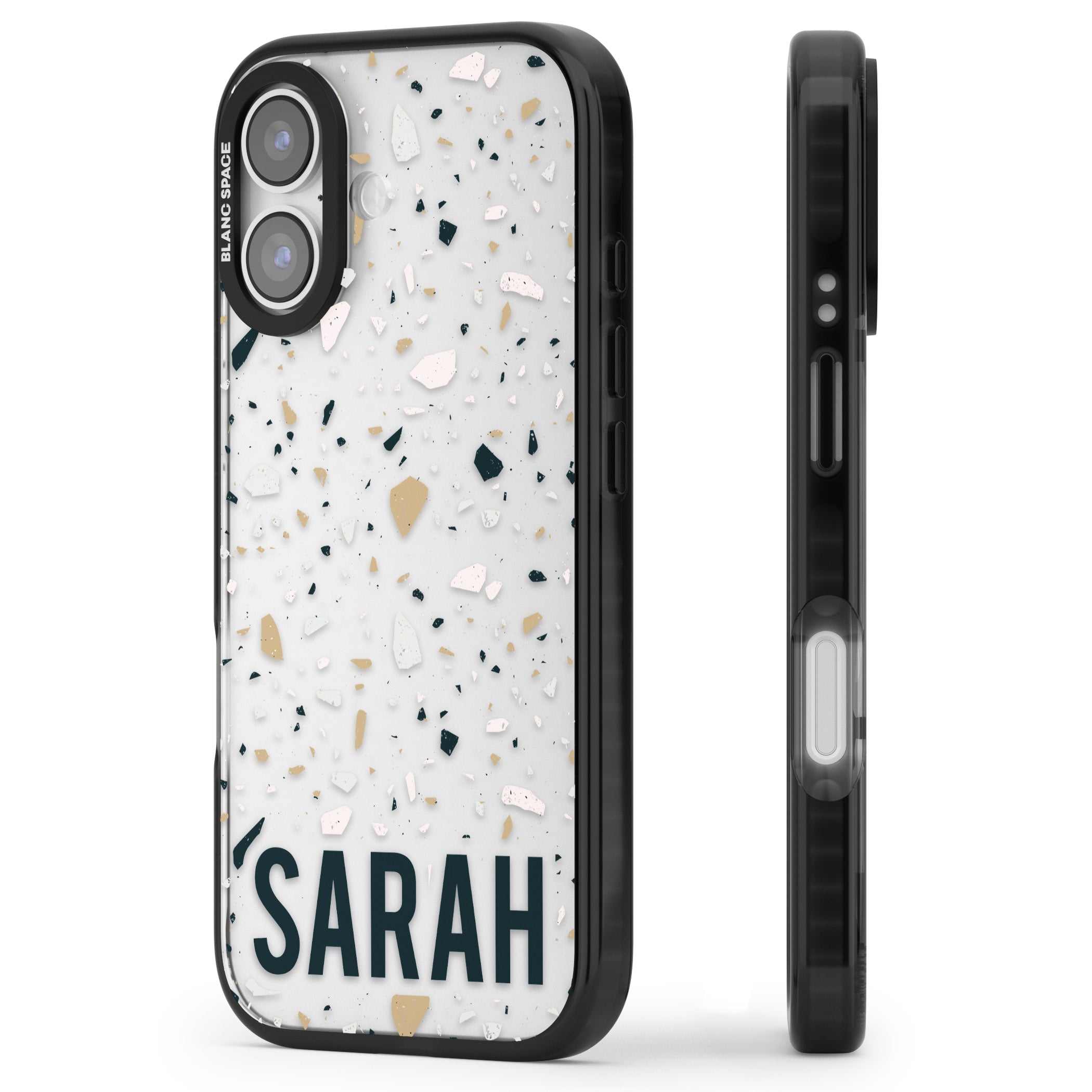 Personalised Terrazzo Blue, Pink, Brown iPhone 17 Impact Black Phone Case Side Profile