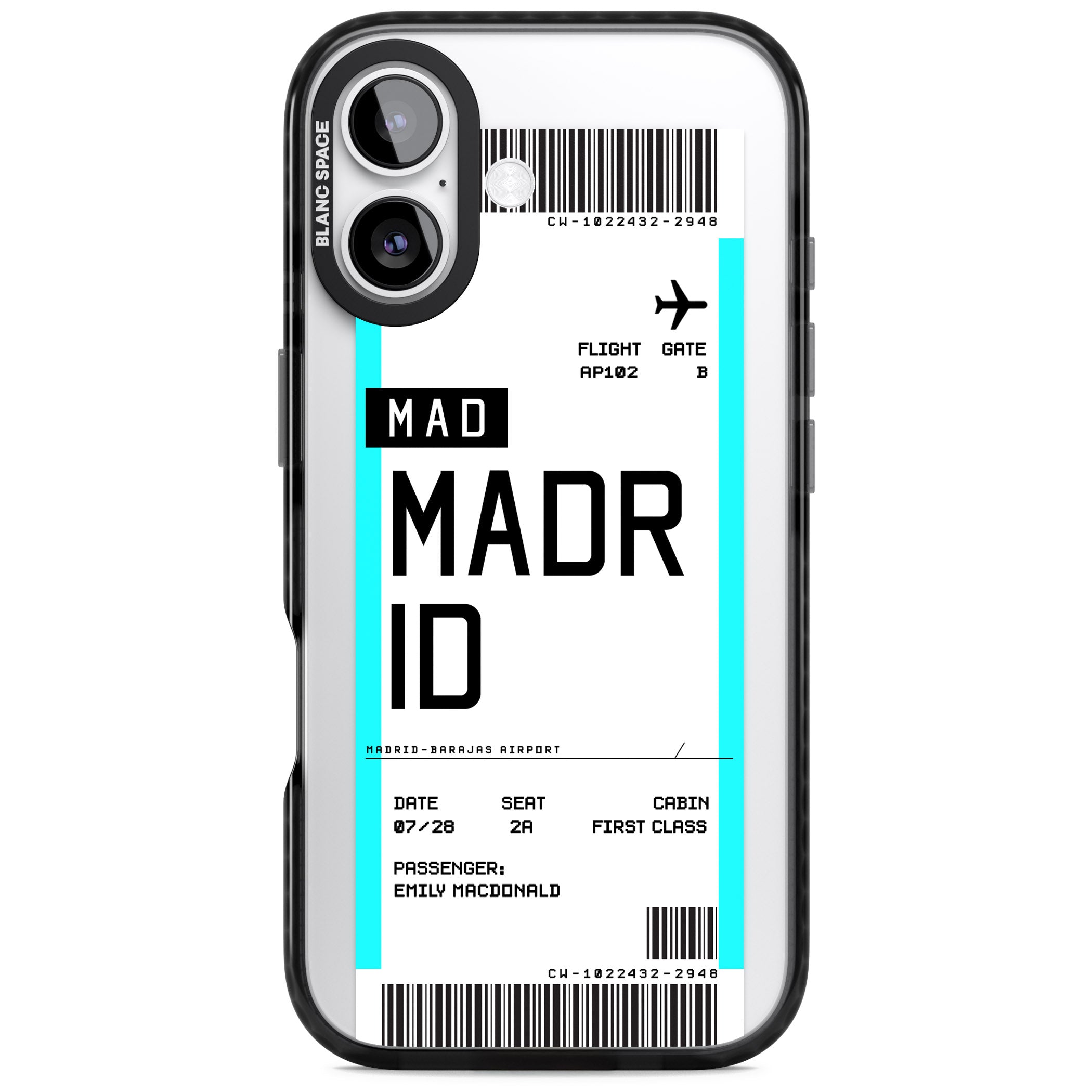 Personalised Madrid Boarding Pass iPhone 17 Impact Black Phone Case