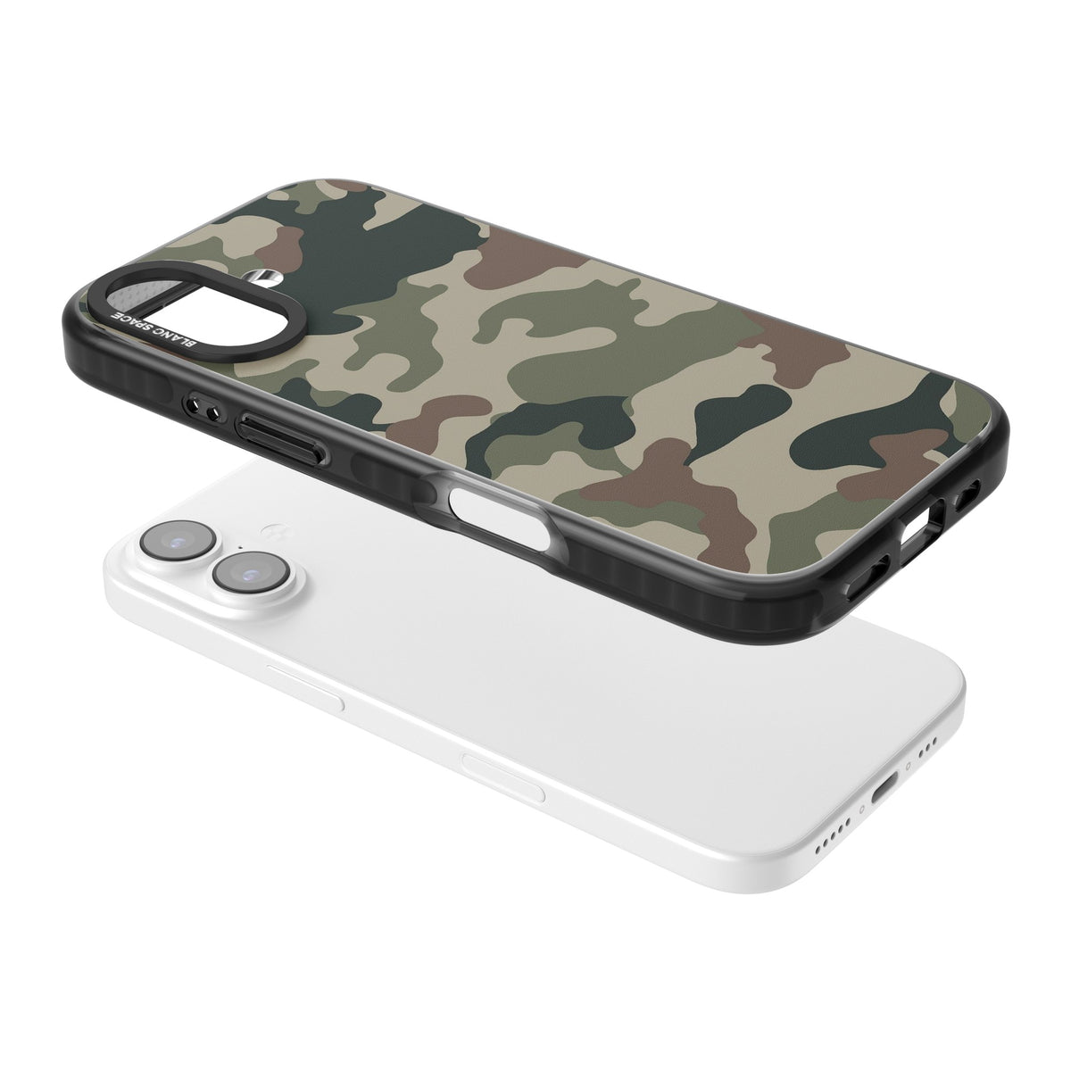 Woodland British Camo iPhone 16 / iPhone 16 Plus / iPhone 17 Impact Black Phone Case angled