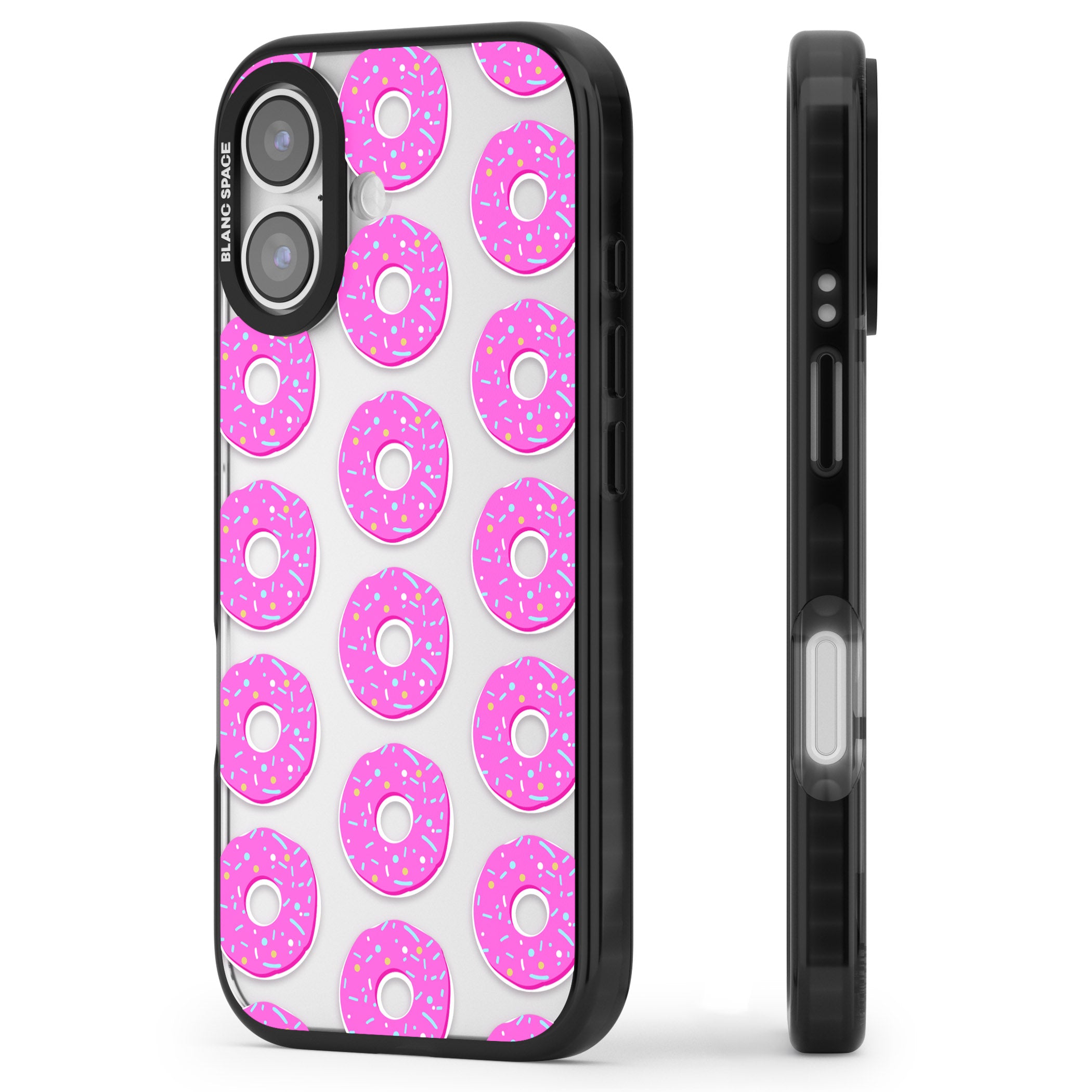 Pink Donut Pattern iPhone 17 Impact Black Phone Case Side Profile