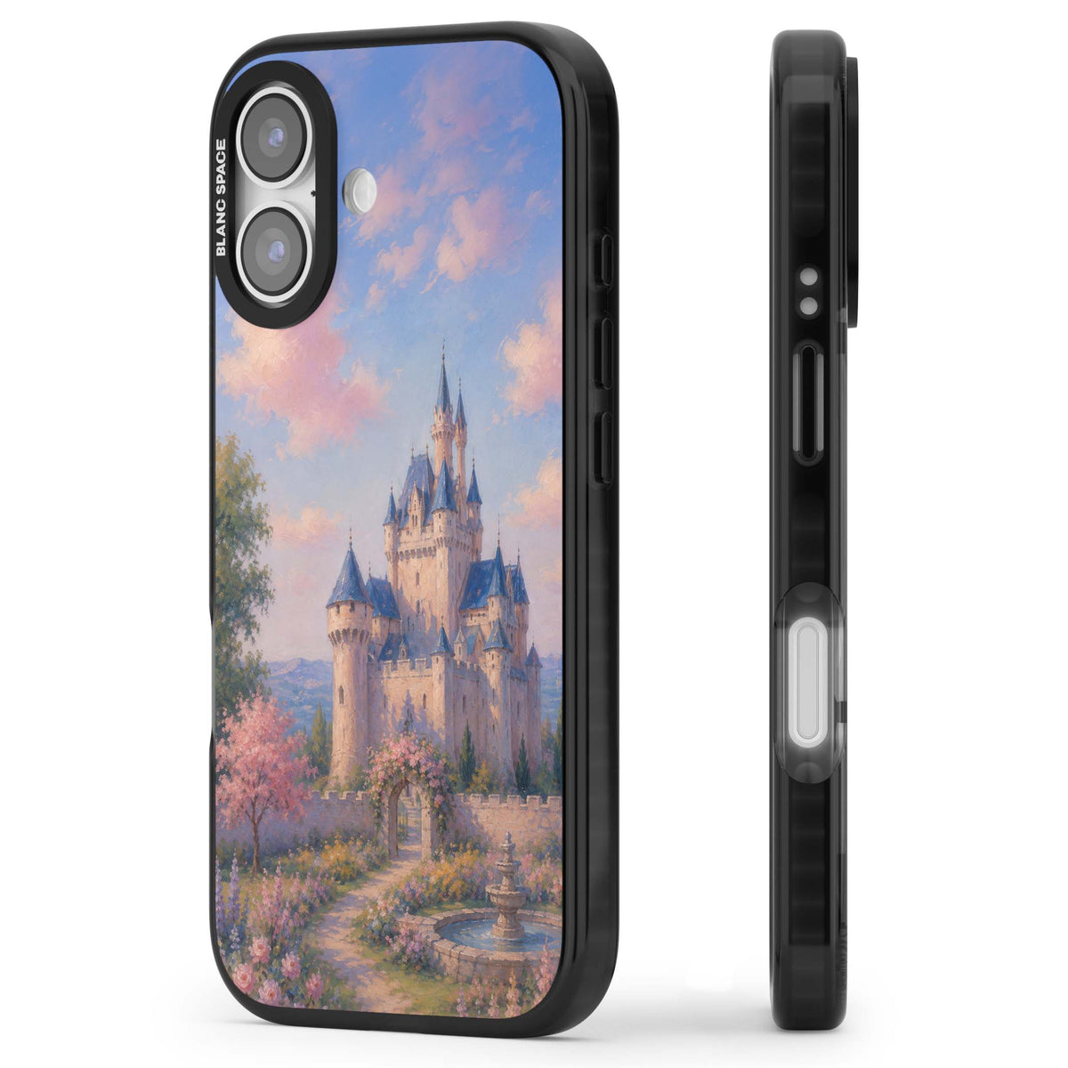 Enchanted Kingdom fairytale iPhone case featuring a romantic castle painting with cherry blossoms and pastel pink sky | Clear Impact case for iPhone 17