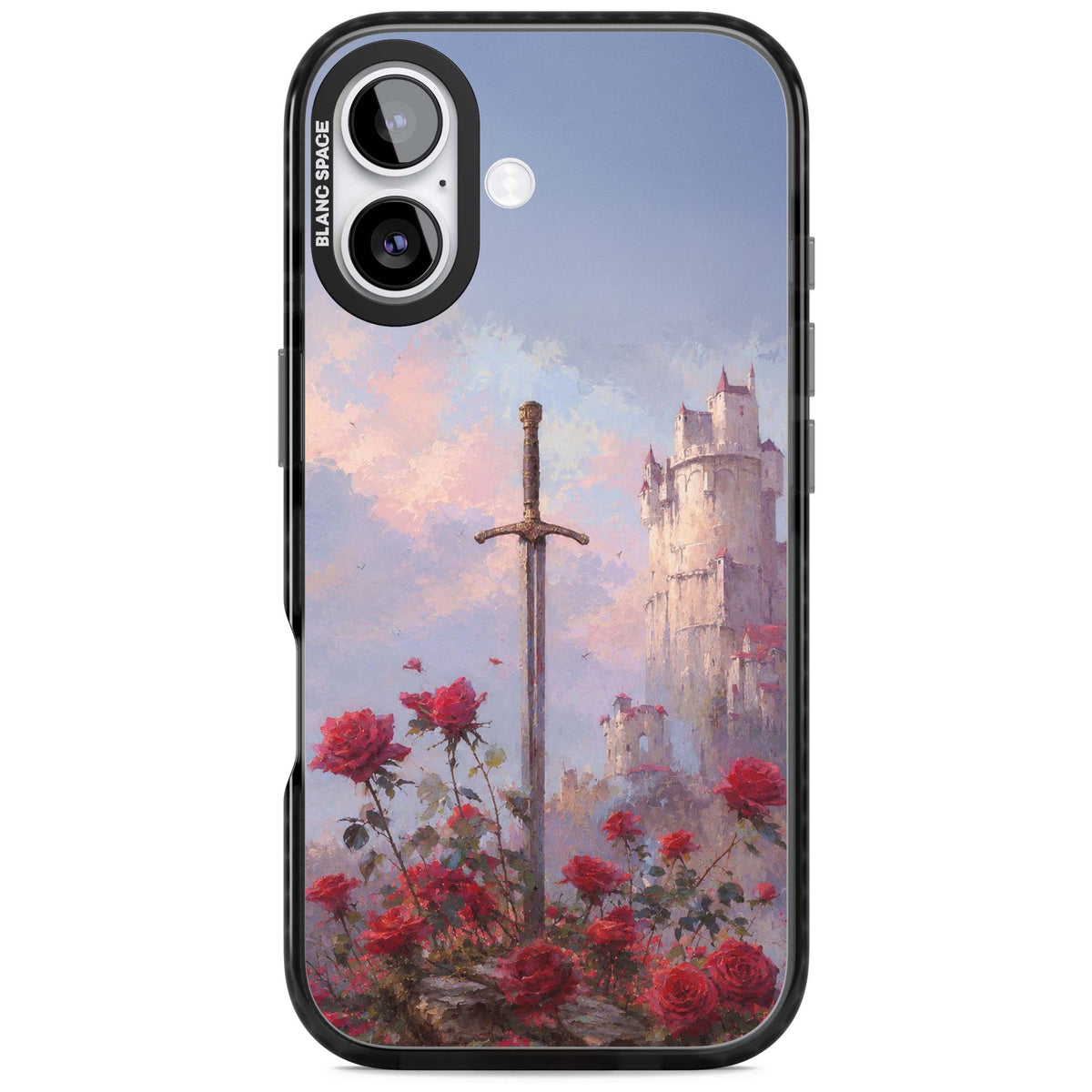 Sword in Roses medieval art iPhone case featuring a sword, red roses, and a misty fairytale castle at sunset | Clear Impact case for iPhone 17