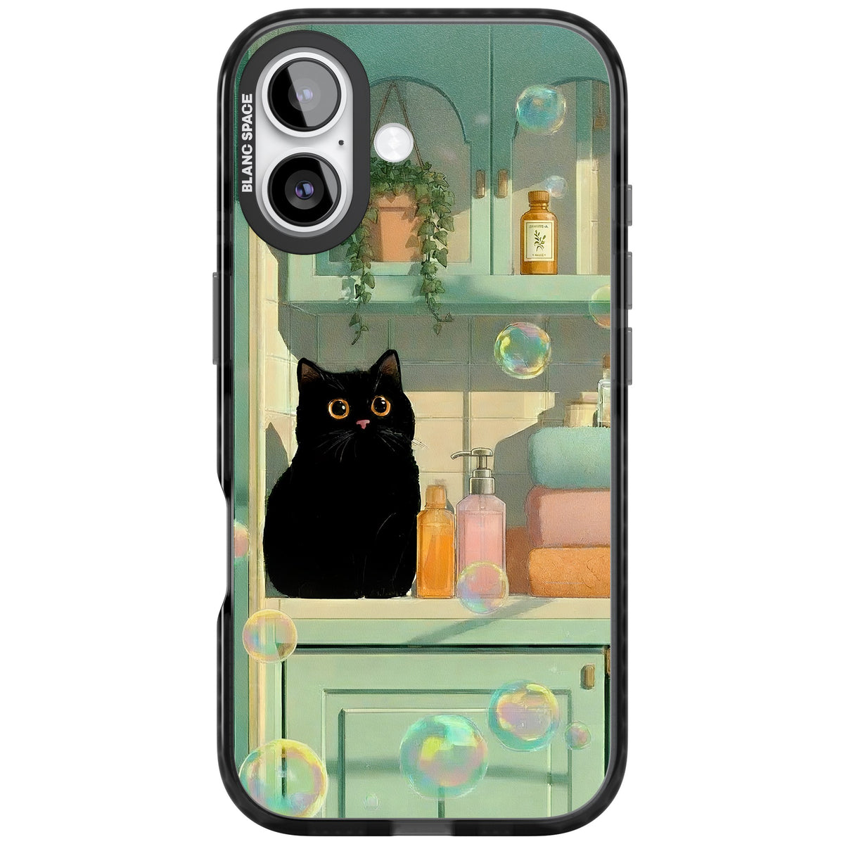 Bathroom Bubble Kitty iPhone 16 / iPhone 16 Plus / iPhone 17 Impact Black Phone Case front