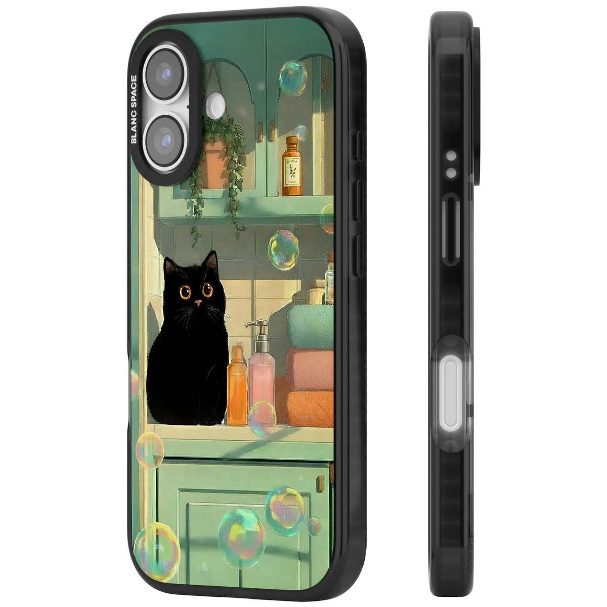 Bathroom Bubble Kitty iPhone 16 / iPhone 16 Plus / iPhone 17 Impact Black Phone Case side