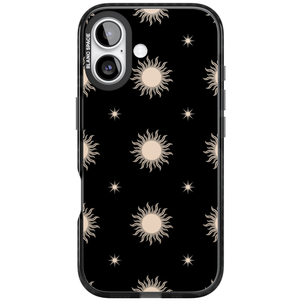 Celestial Patterns Classic Suns (Black) iPhone 16 / iPhone 16 Plus / iPhone 17 Impact Black Phone Case front
