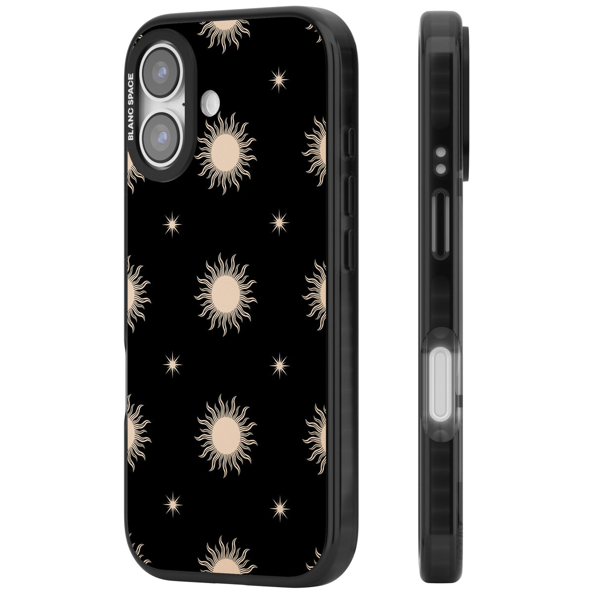 Celestial Patterns Classic Suns (Black) iPhone 16 / iPhone 16 Plus / iPhone 17 Impact Black Phone Case side