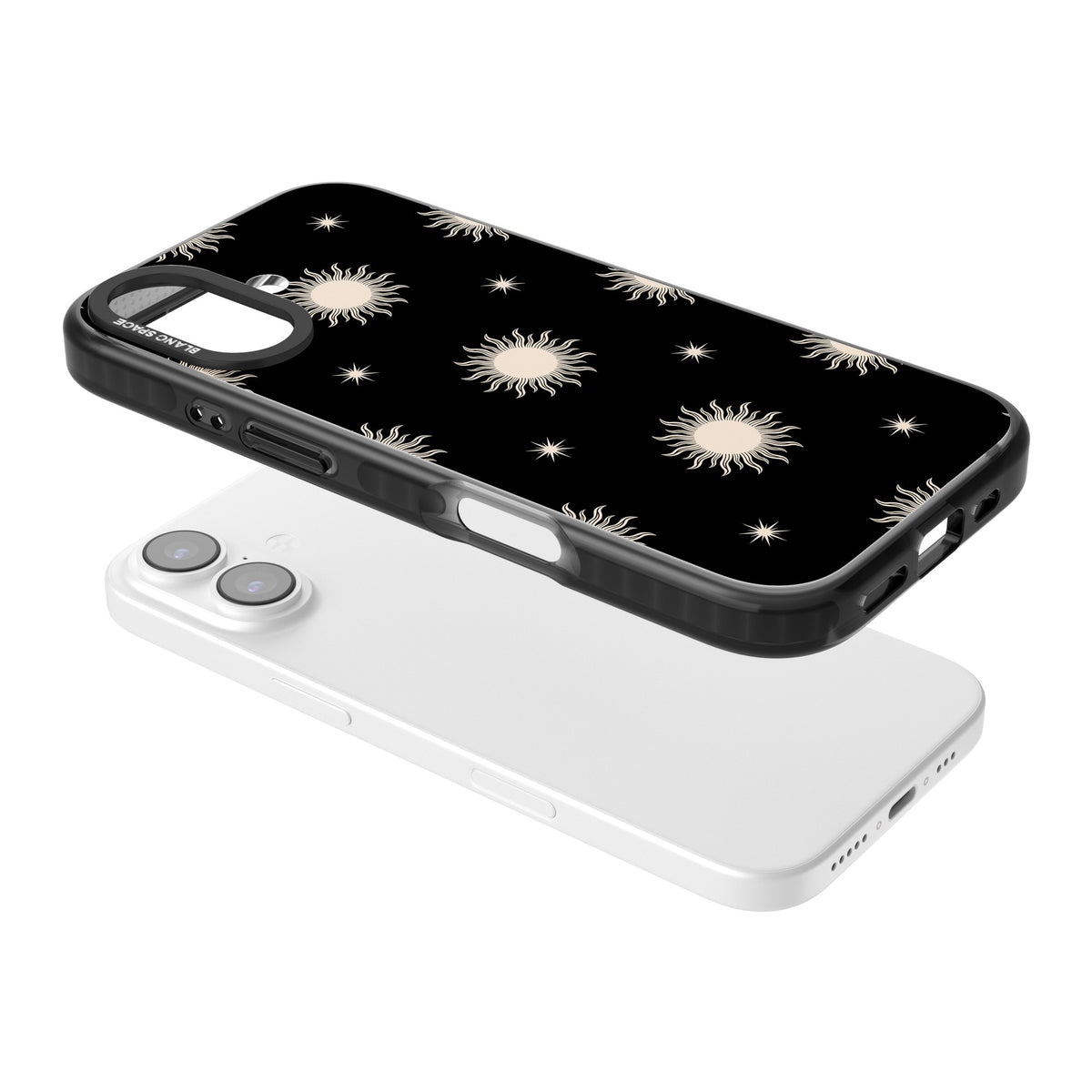 Celestial Patterns Classic Suns (Black) iPhone 16 / iPhone 16 Plus / iPhone 17 Impact Black Phone Case angled