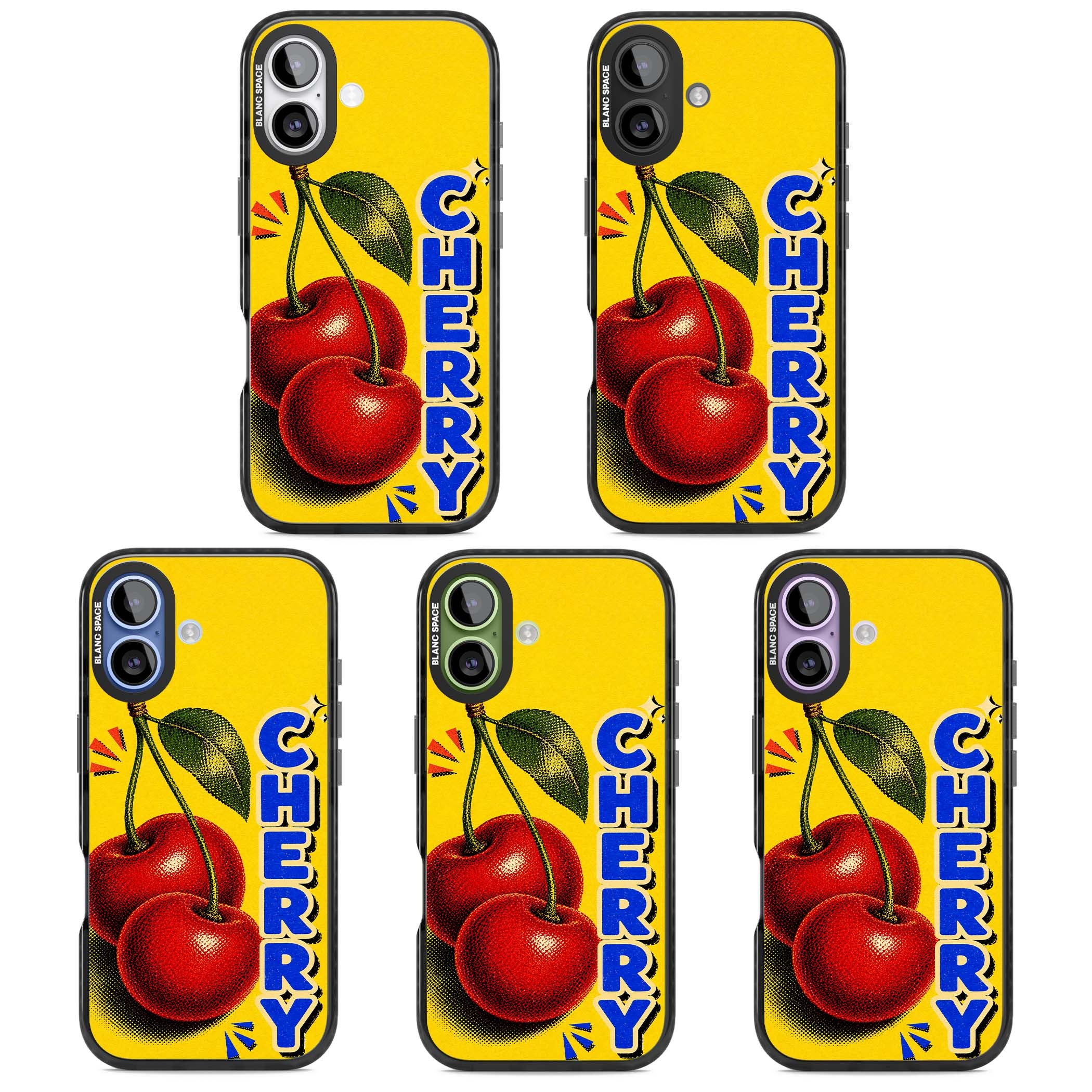 Cherry Yellow y2k iPhone case featuring two red cherries, halftone shading and bold blue CHERRY lettering on yellow | Clear Impact case for iPhone 17