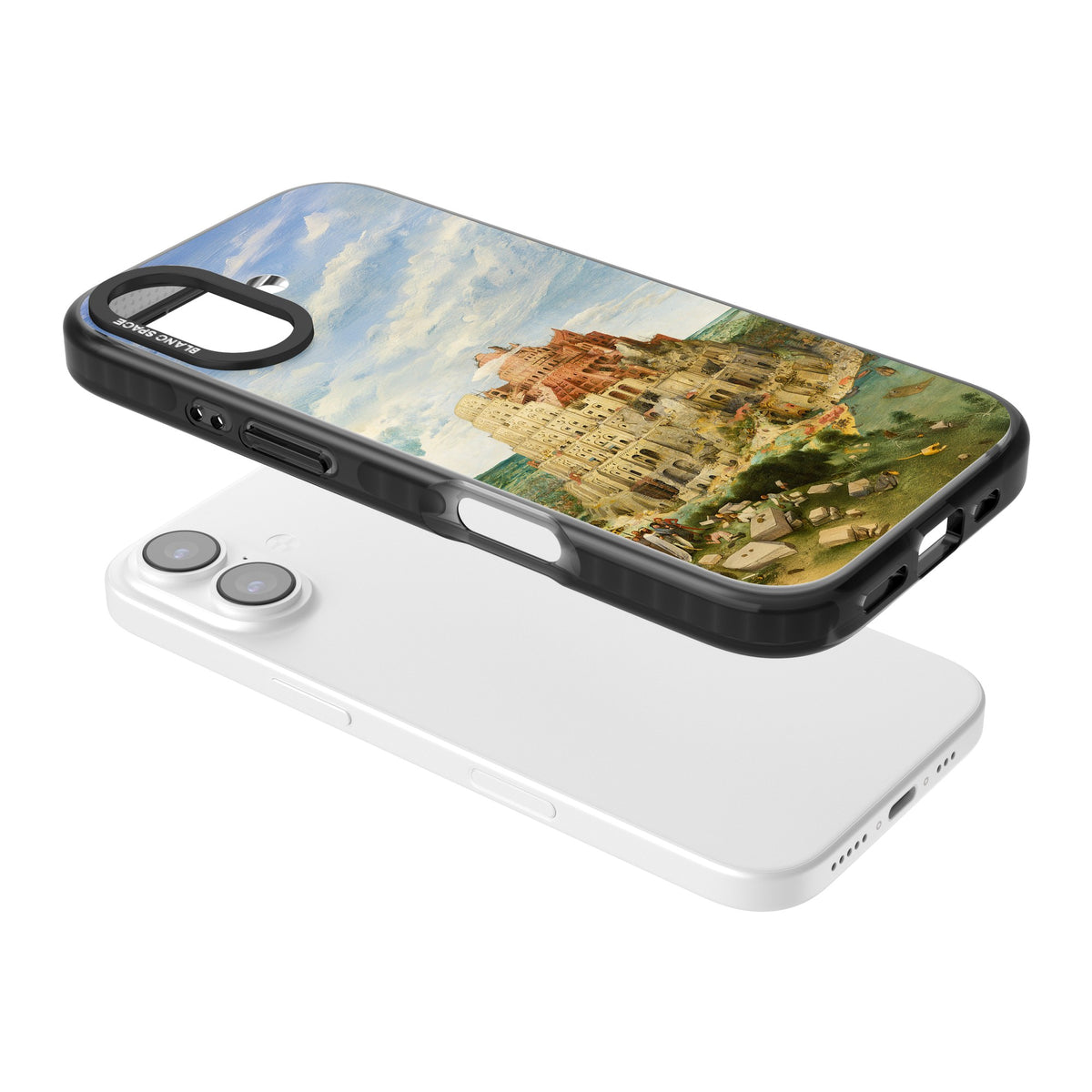 Tower Of Babel iPhone 16 / iPhone 16 Plus / iPhone 17 Impact Black Phone Case angled