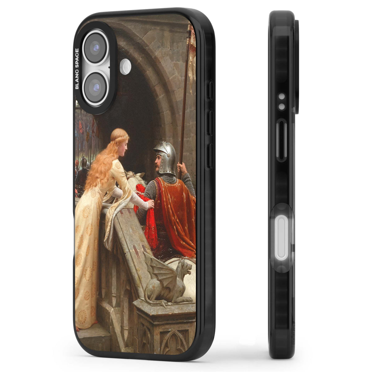 God Speed fine art iPhone case featuring Edmund Blair Leighton's medieval knight and lady beneath a stone archway | Clear Impact case for iPhone 17