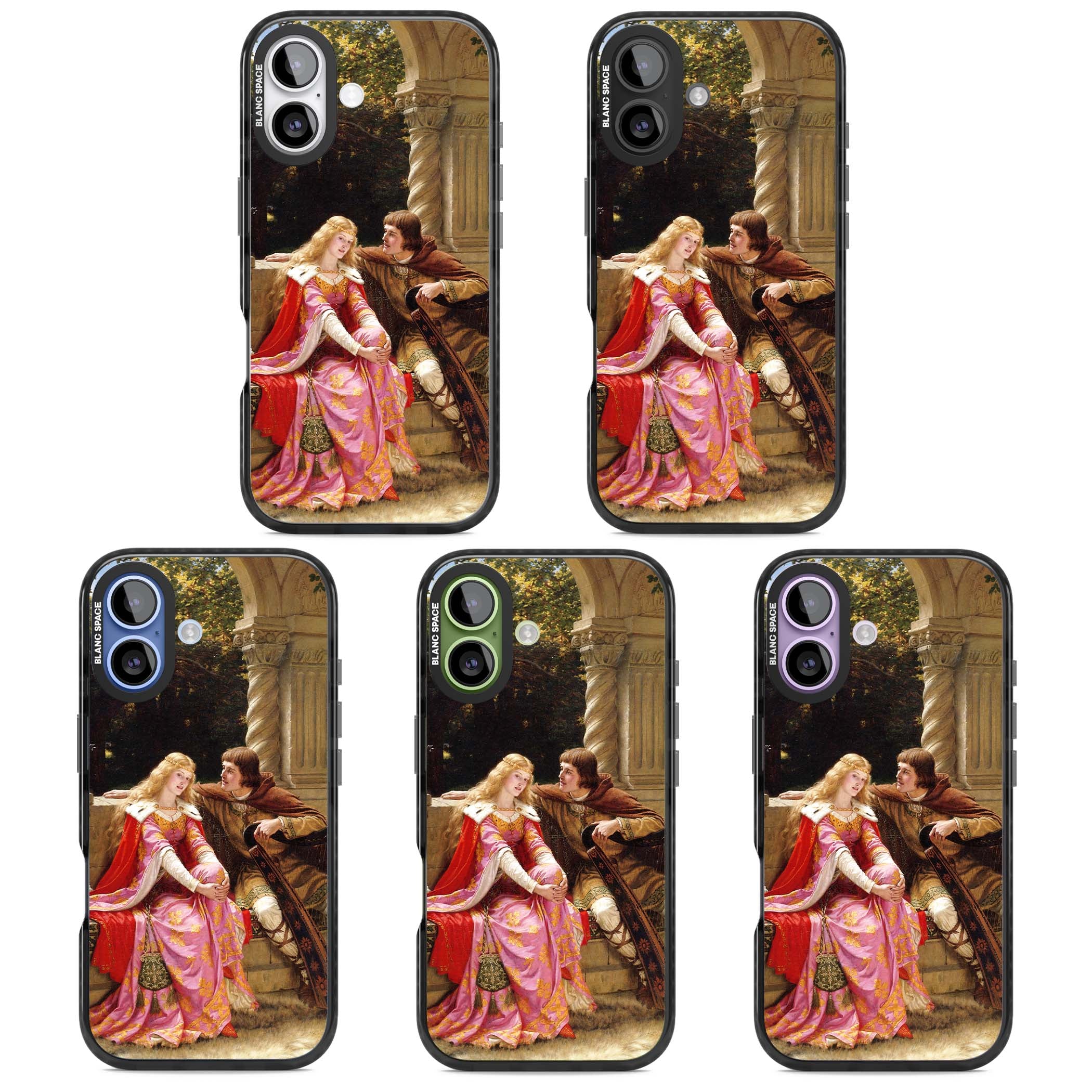 The End of the Song classic art iPhone case featuring a medieval lady in pink gown and her knight in a stone archway | Clear Impact case for iPhone 17