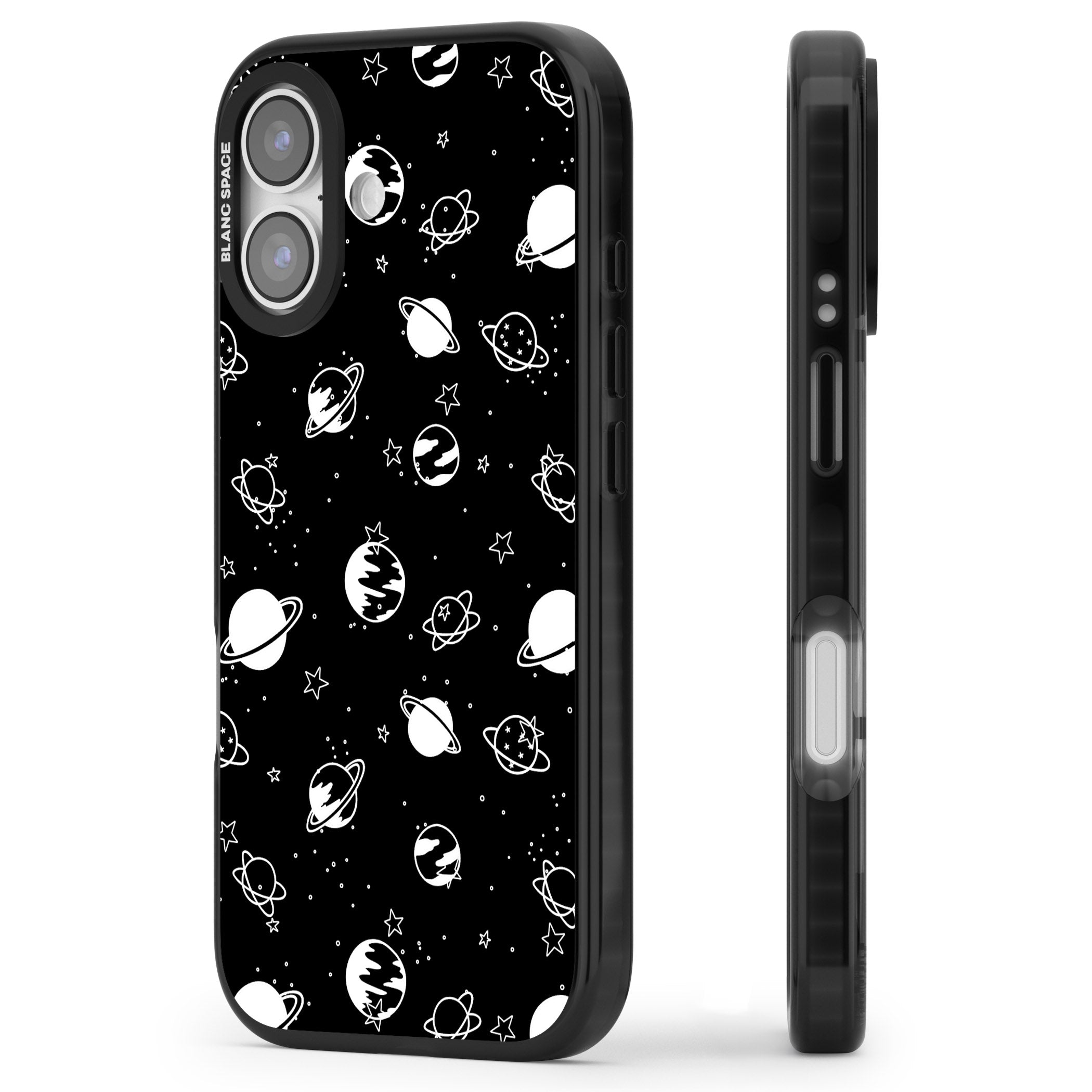 White Planets On Black iPhone 17 Impact Black Phone Case Side Profile