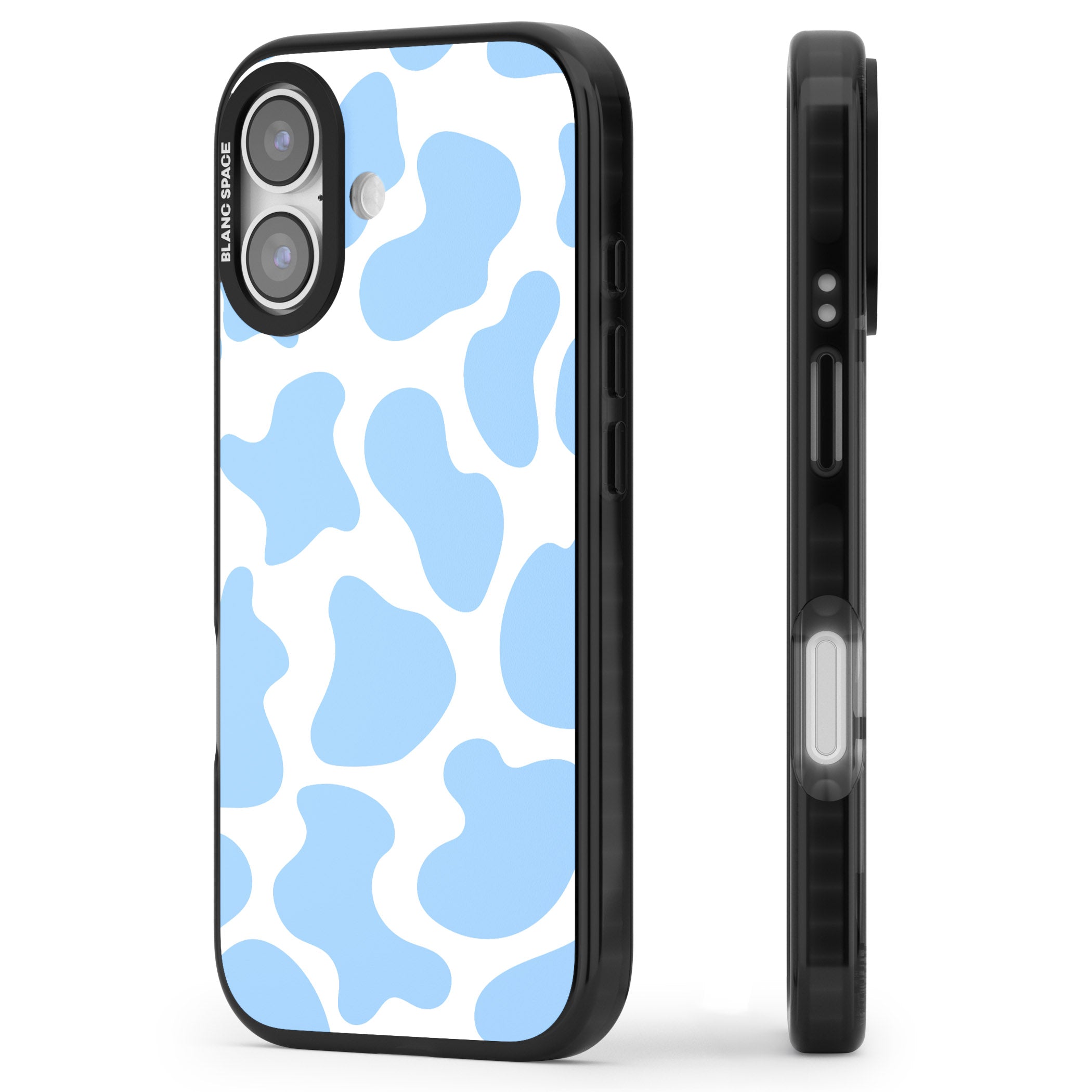 Blue And White Cow Print iPhone 17 Impact Black Phone Case Side Profile