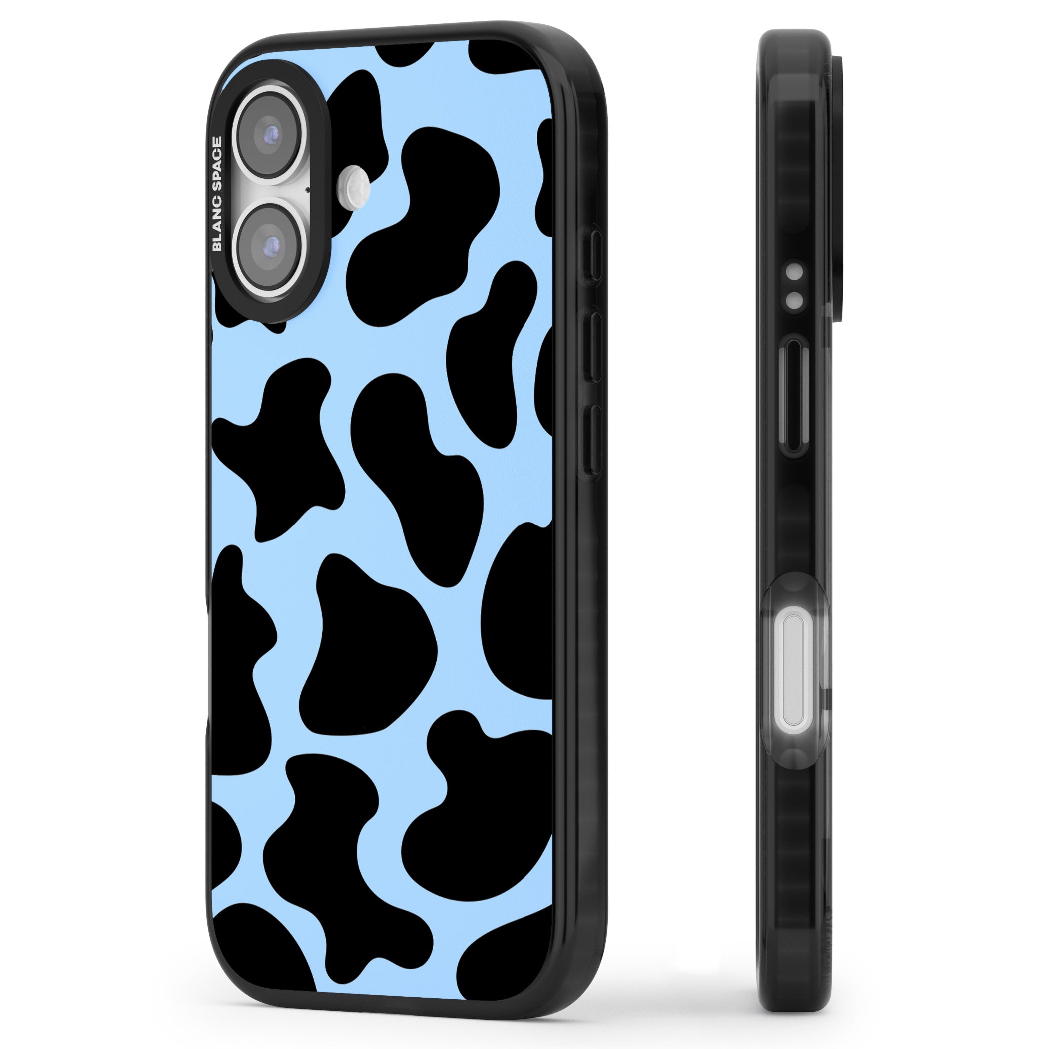Blue And Black Cow Print iPhone 17 Impact Black Phone Case Side Profile