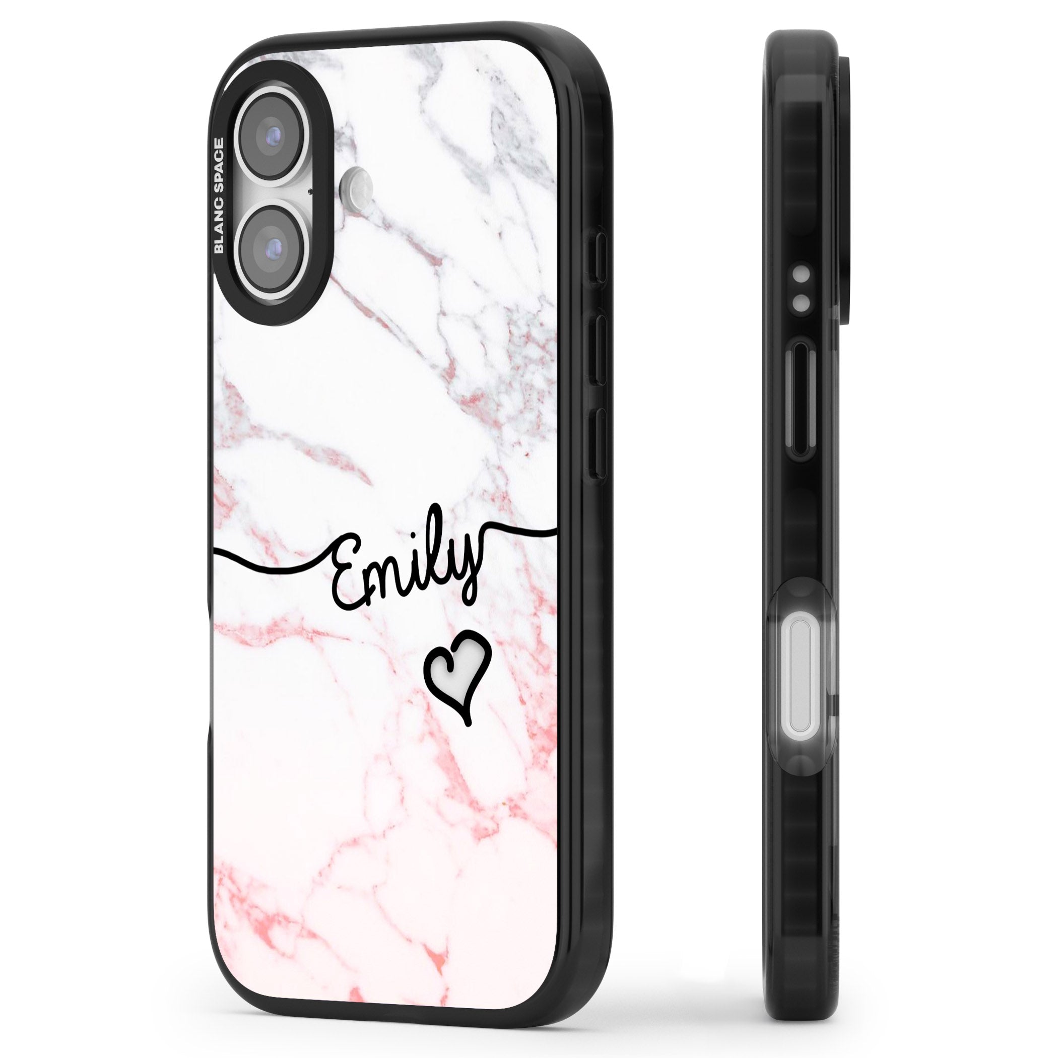 Personalised Pink Fade Marble Heart iPhone 17 Impact Black Phone Case Side Profile