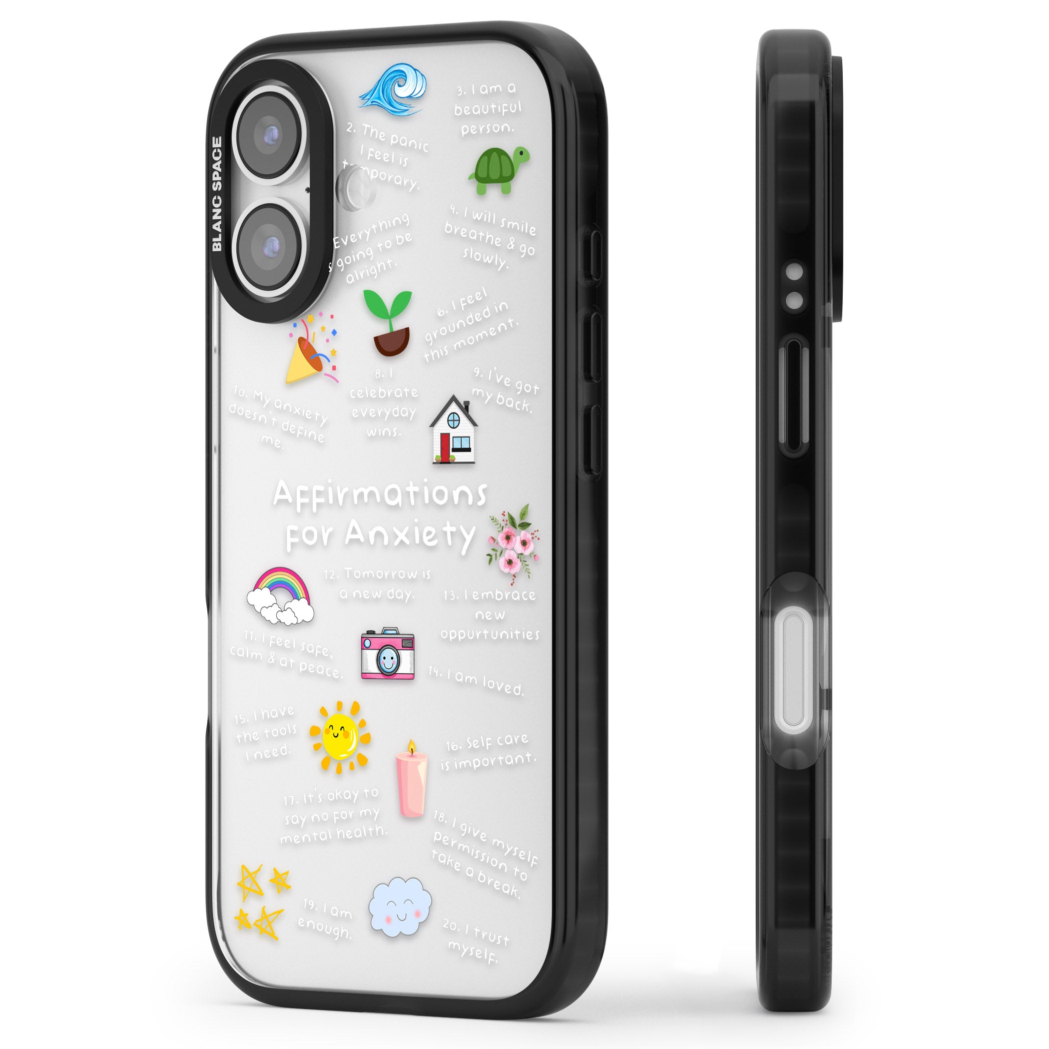 Anxiety White Text iPhone 17 Impact Black Phone Case Side Profile