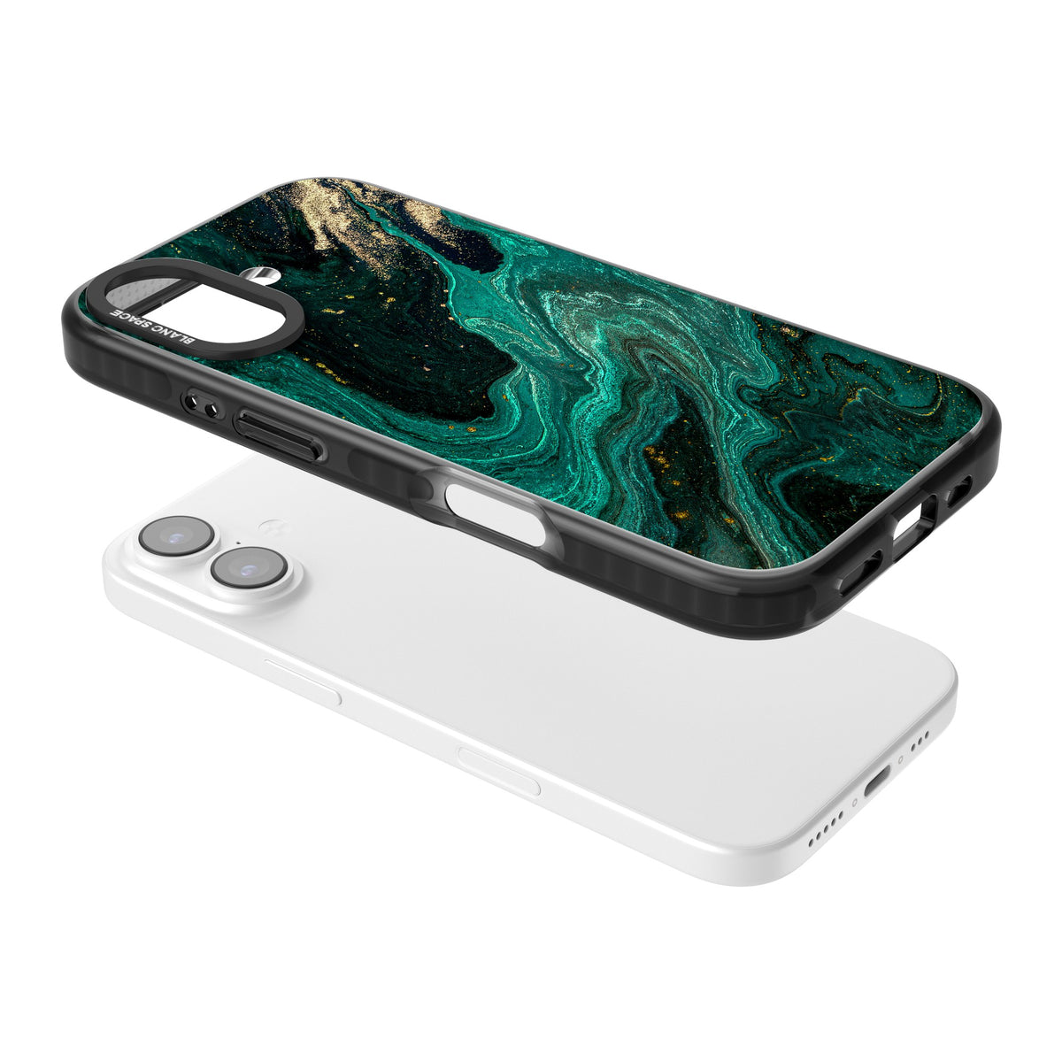 Emerald Lagoon iPhone 16 / iPhone 16 Plus / iPhone 17 Impact Black Phone Case angled