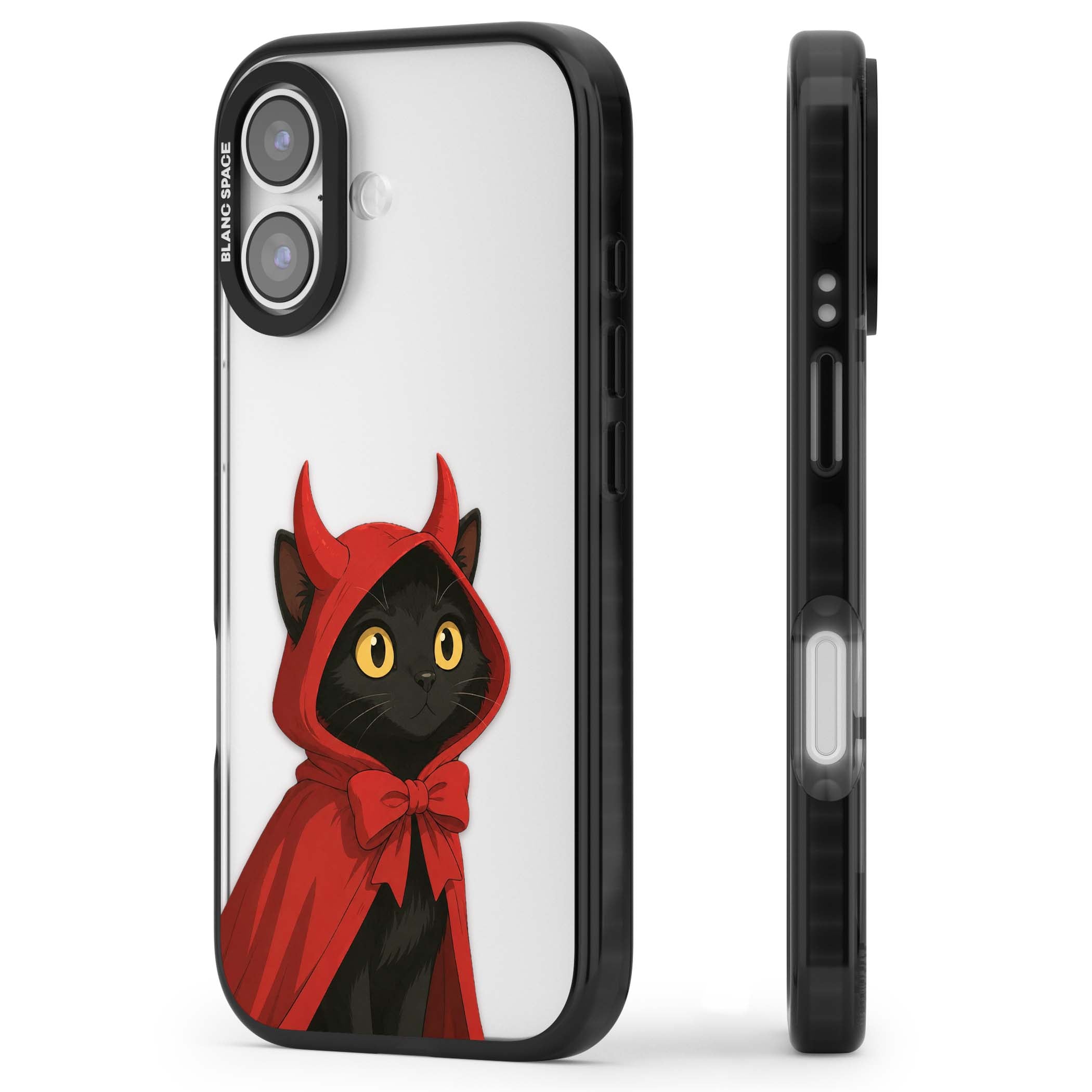 Little Devil halloween iPhone case featuring a black cat in a red hooded devil cloak with horns and golden eyes | Clear Impact case for iPhone 17