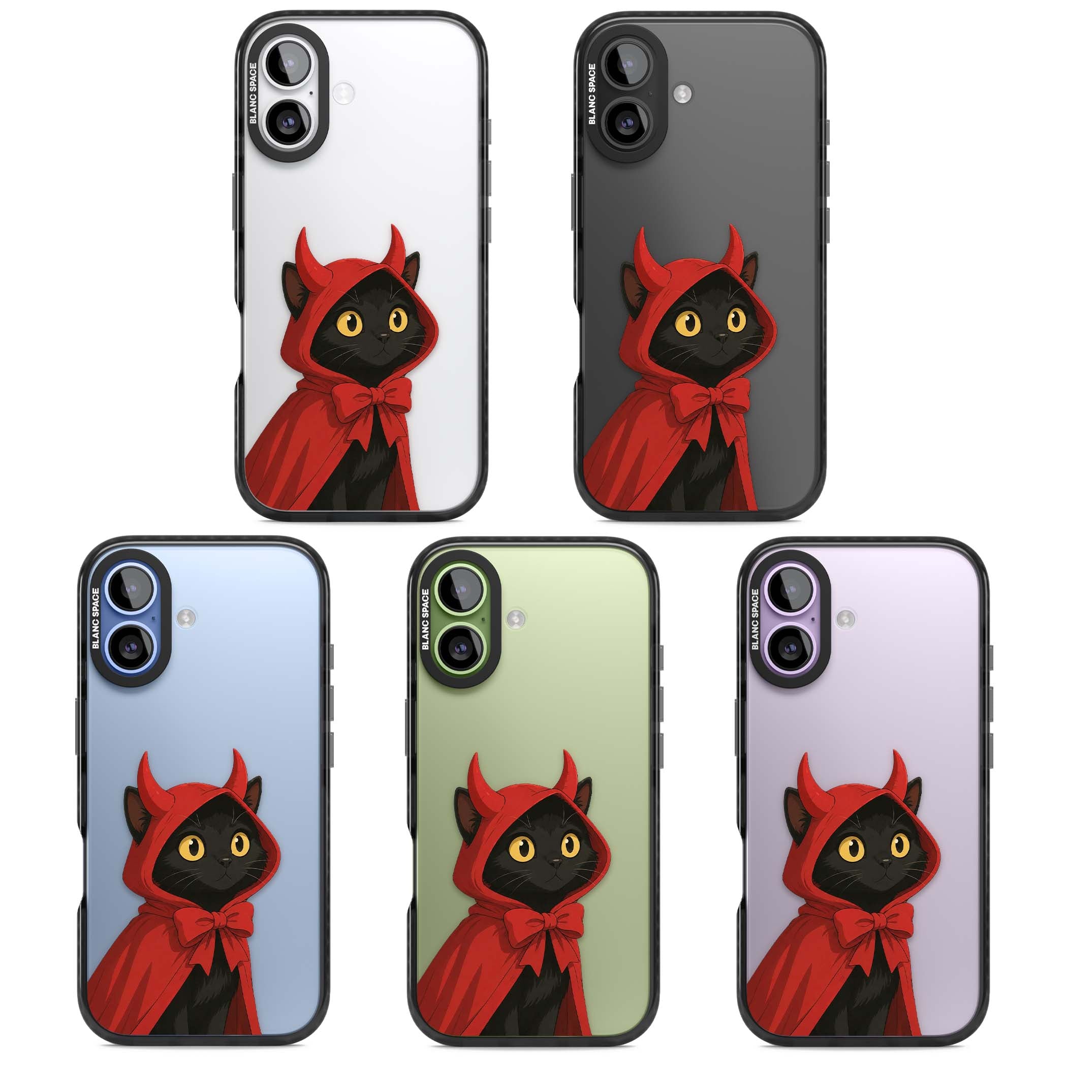 Little Devil halloween iPhone case featuring a black cat in a red hooded devil cloak with horns and golden eyes | Clear Impact case for iPhone 17