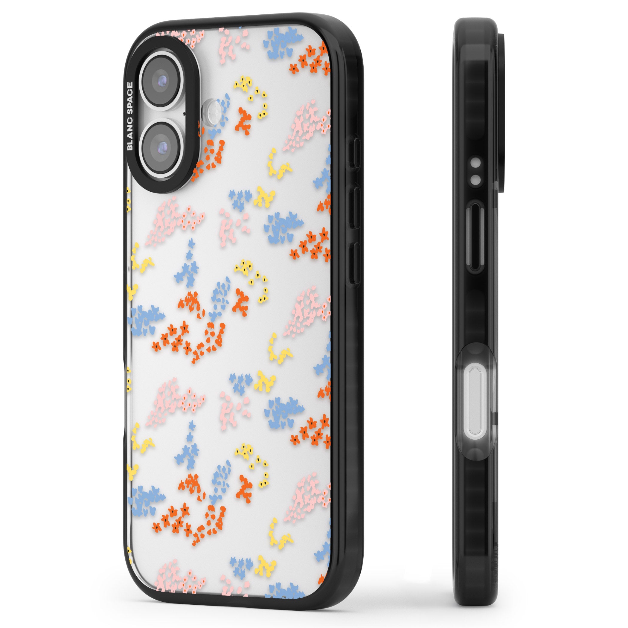 Floral Confetti: Transparent Delight iPhone 17 Impact Black Phone Case Side Profile
