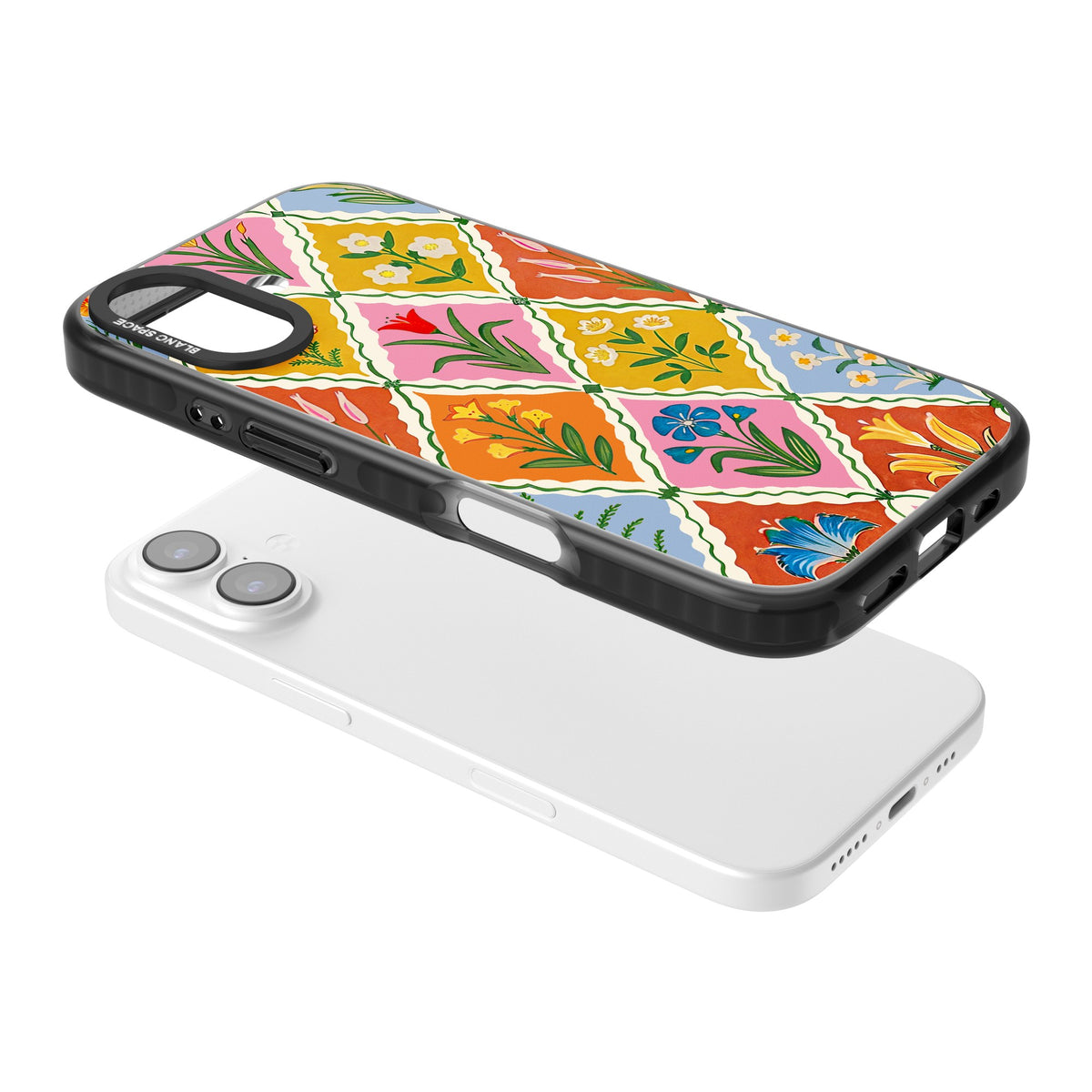 Floral Quilt iPhone 16 / iPhone 16 Plus / iPhone 17 Impact Black Phone Case angled